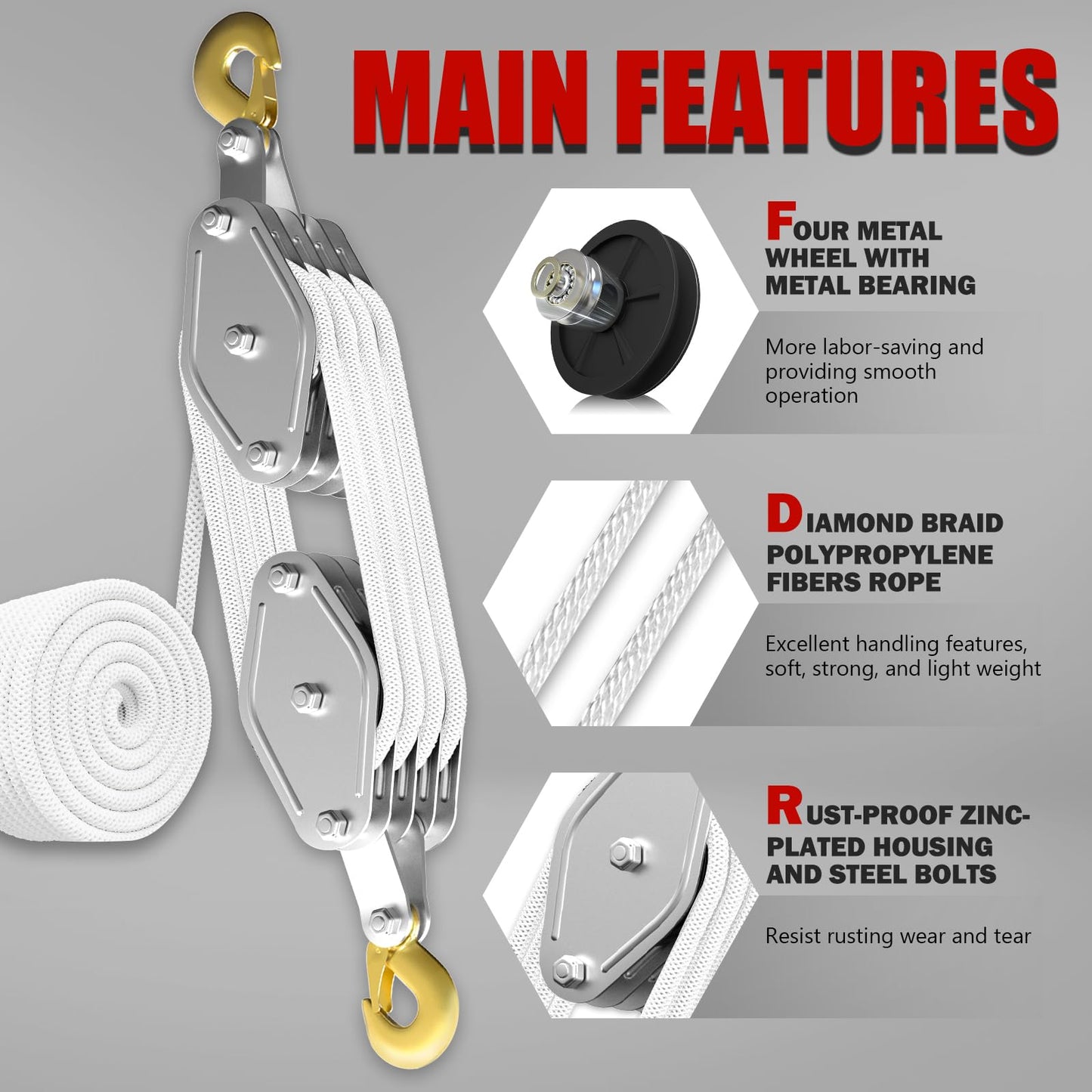 Rope Hoist Pulley System, 4400LB Pulley Block and Tackle, 8:1 Ratio Lifting Power 65ft, Heavy Duty Pulley Block for Lifting Pulling (with 2PCs Straps)
