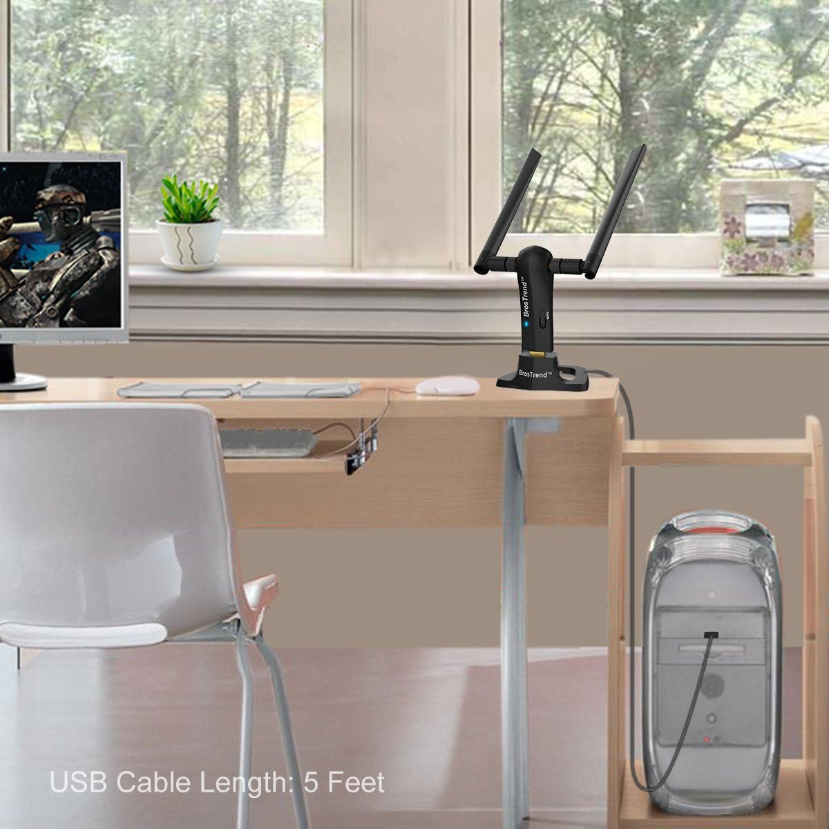 BrosTrend 1200Mbps Long Range USB WiFi Adapter for PC Desktop Laptop of Windows 11/10/8.1/8/7, Wireless Adapter Dual Band 2.4GHz 300Mbps + 5GHz 867Mbps, 2X 5dBi High Gain Antennas, USB 3.0 Cradle