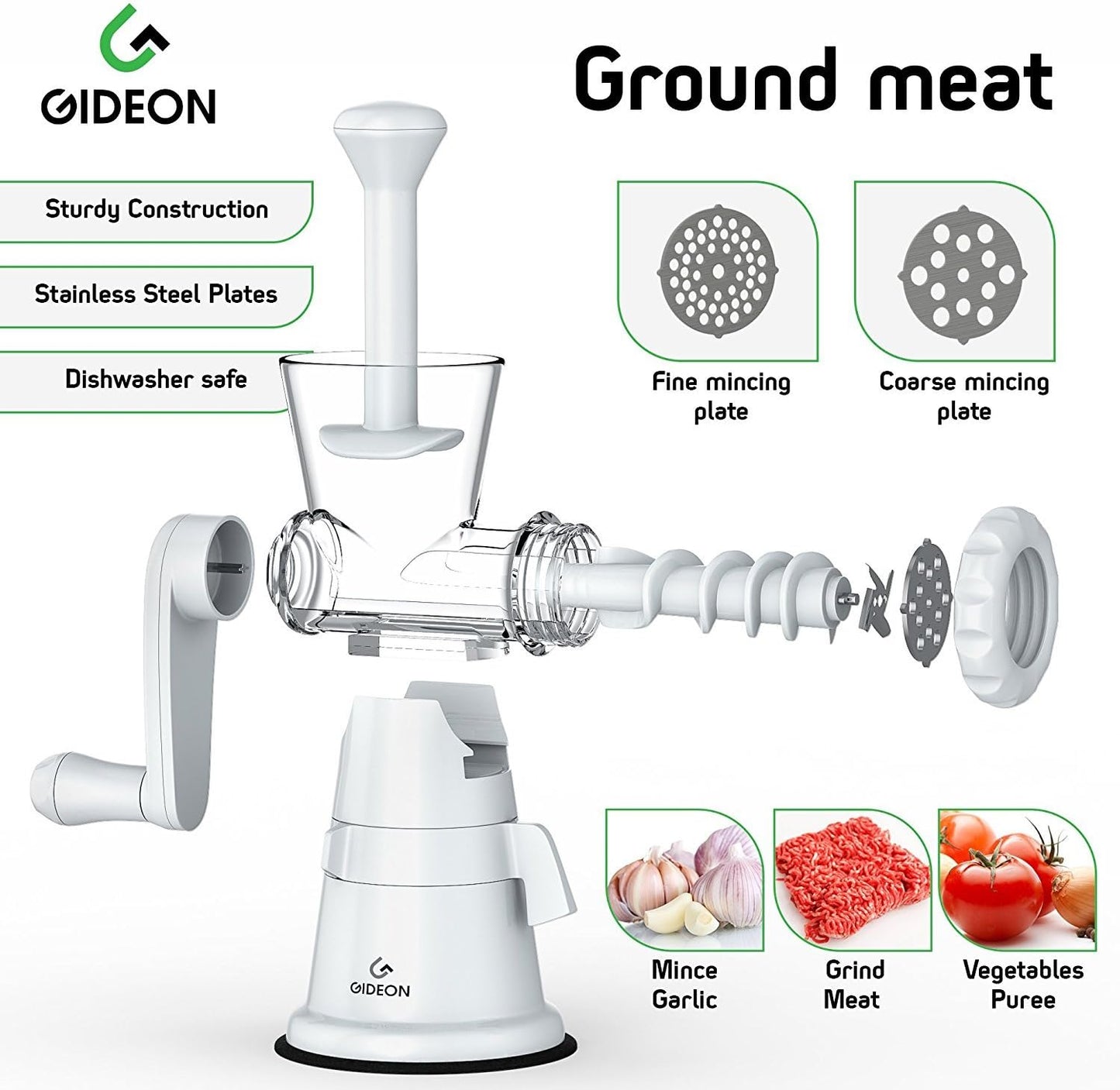 Gideon Hand Crank Manual Meat Grinder Heavy Duty Stainless Steel Blades with Powerful Suction Base Effortlessly Grind Meat, Vegetables, Garlic, Fruits, etc.
