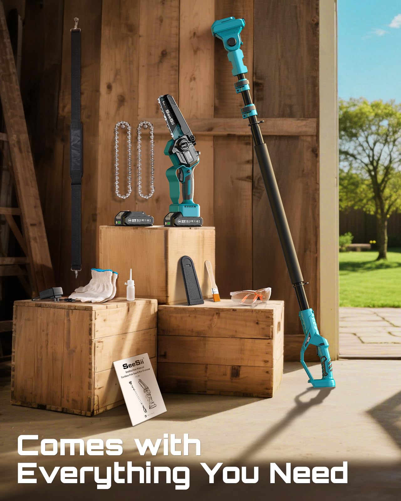 SEESII 2-in-1 Electric Pole Saws for Tree Trimming, 6 Inch Mini Chainsaw Cordless with Extension Pole, Battery Powered Pole Chain Saw, Tree Trimmer Limb Branch Cutter Pruner with 2 Battery PS600