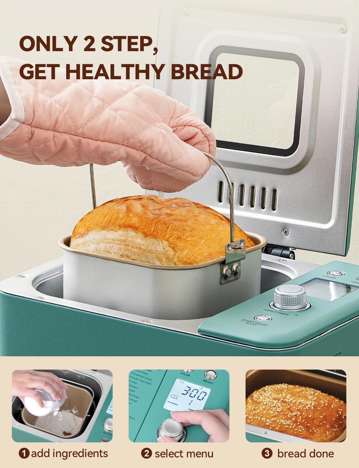 Neretva 20-IN-1 Bread Maker, Dual Heater 2LB Bread Machine Stainless Steel Bread Maker Machine Nonstick Ceramic Pan Compact for Gluten Free/Sourdough/Whole Wheat Bread/Yogurt, Breadmaker Recipe-Green