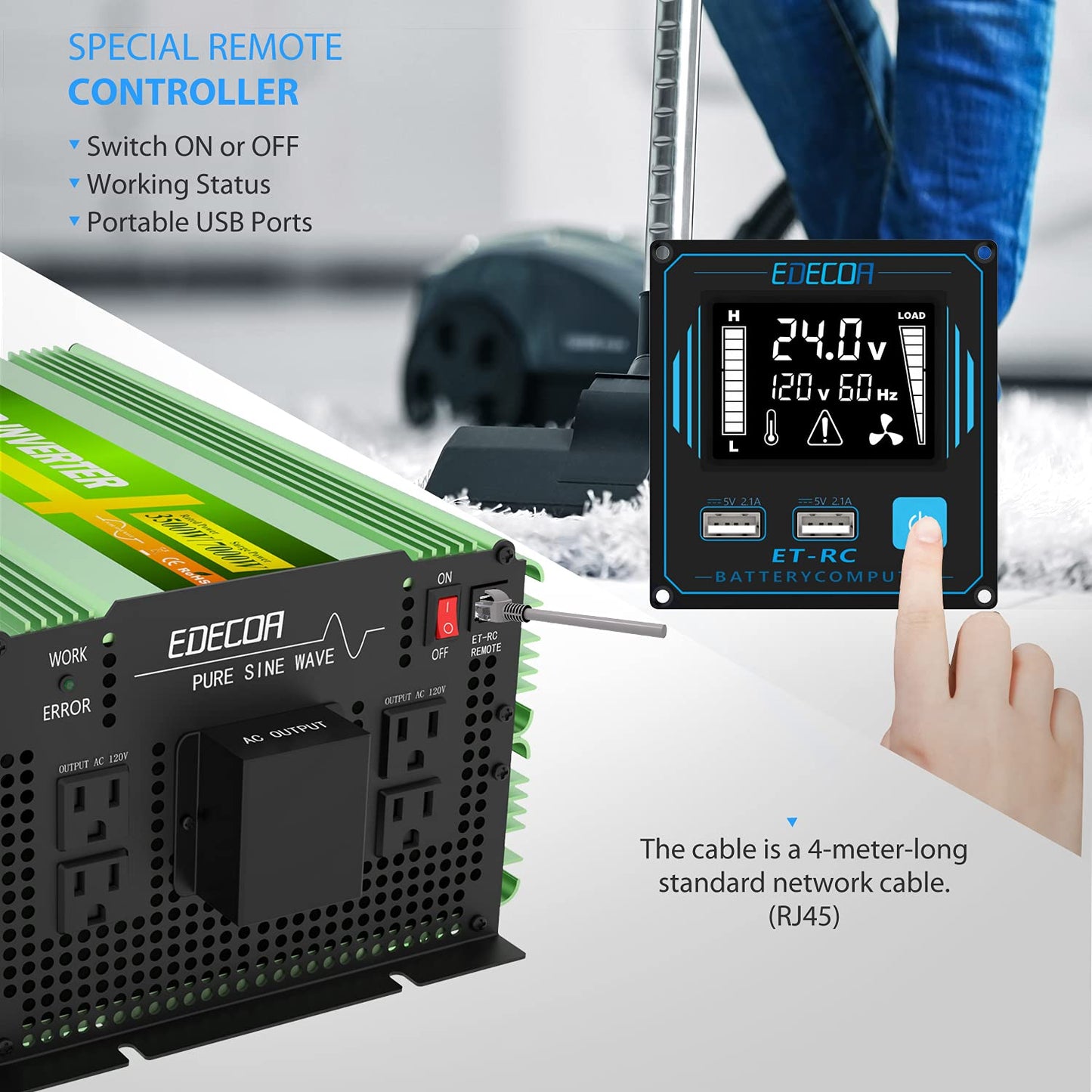 EDECOA Pure Sine Wave Power Inverter 3500W DC 12V to AC 120V with LCD Display and Remote Controller 4 AC Outlets and 1 Terminal Block