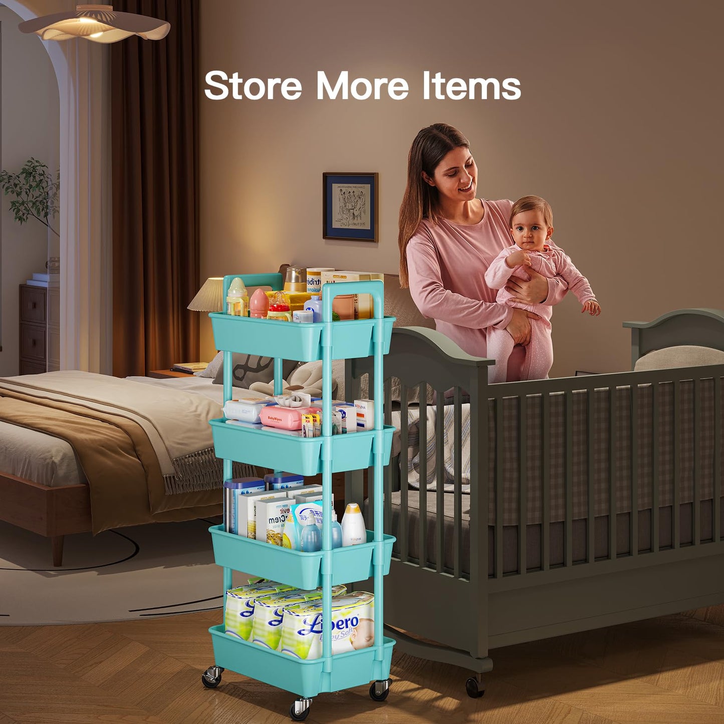 Pipishell 3 Tier Rolling Cart Organizer, Plastic Rolling Cart with Lockable Wheels & Reinforced Handle, Lightweight Utility Cart Storage Cart for Nursery, Kitchen, Bathroom, Craft Room, White, PIUC14W