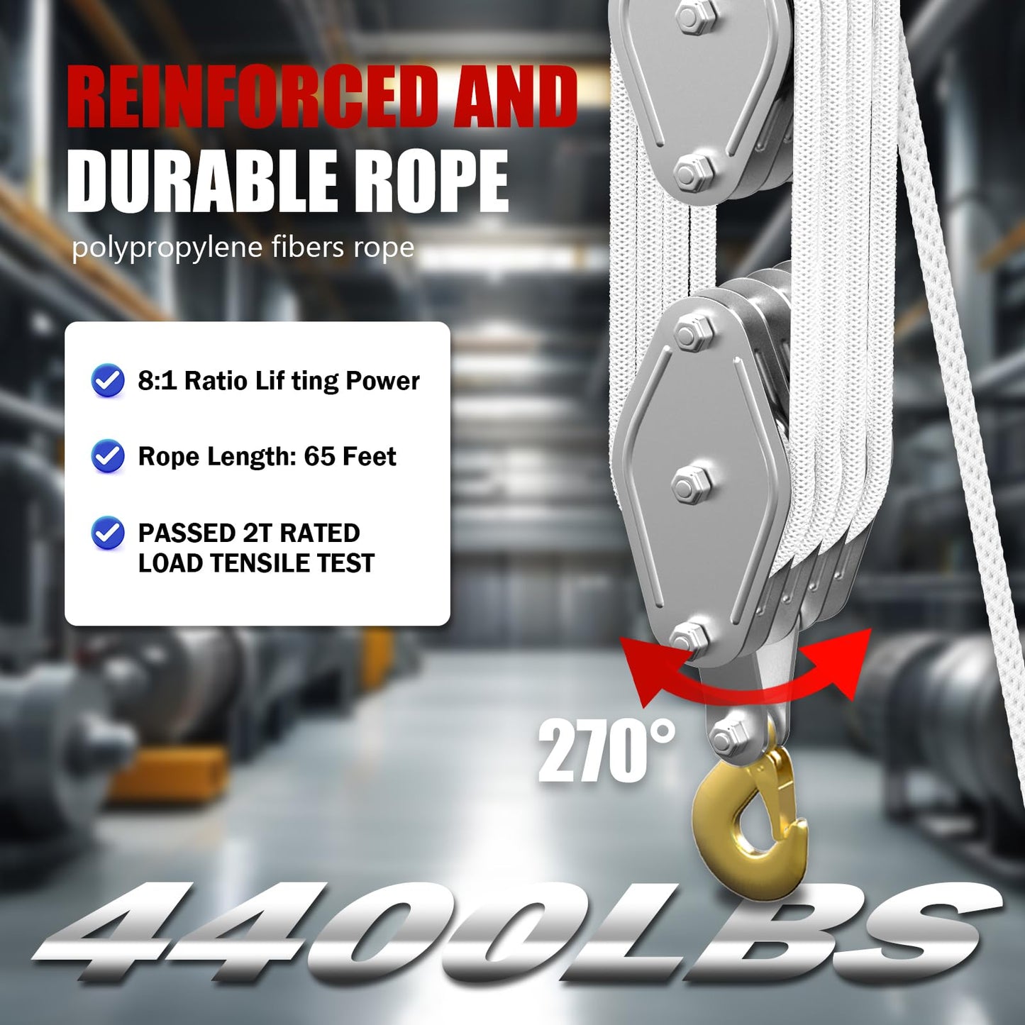 Rope Hoist Pulley System, 4400LB Pulley Block and Tackle, 8:1 Ratio Lifting Power 65ft, Heavy Duty Pulley Block for Lifting Pulling (with 2PCs Straps)