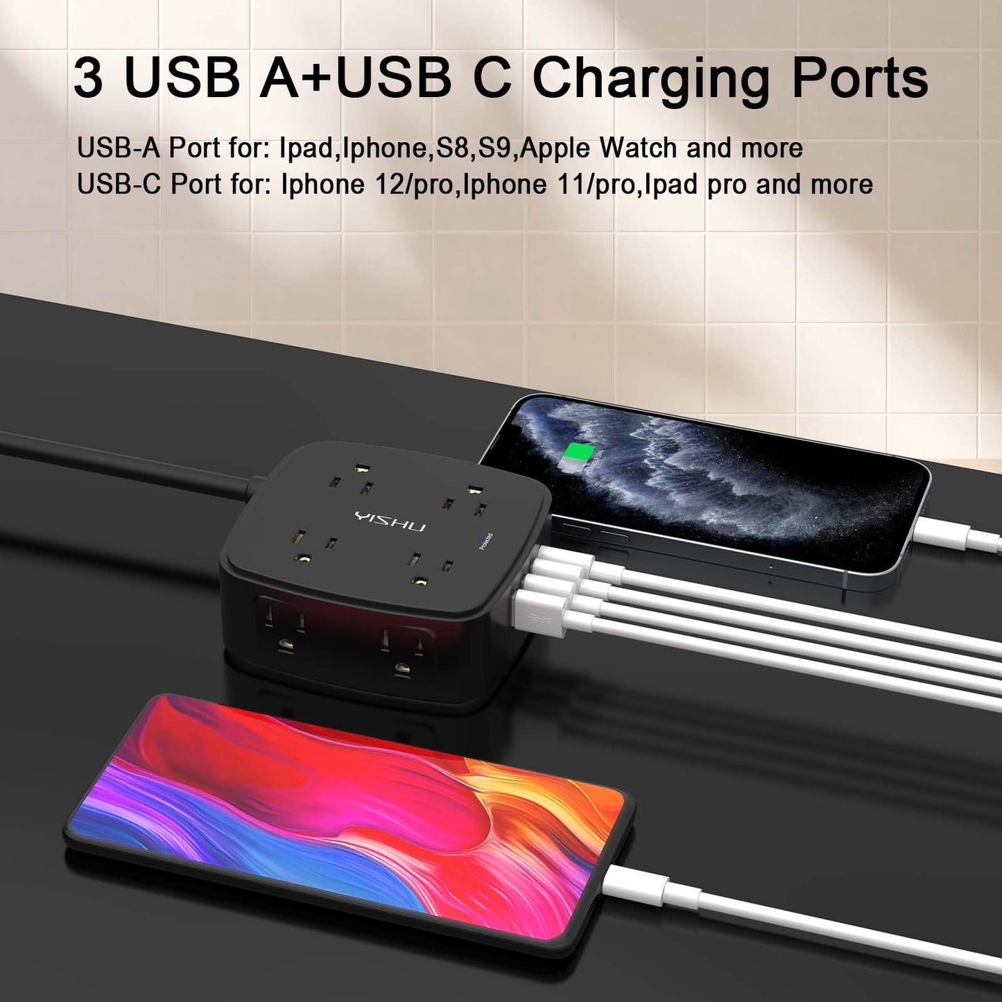 6 Ft Surge Protector Power Strip - 8 Widely Outlets with 4 USB Ports, 3 Side Outlet Extender with 6 Feet Extension Cord, Flat Plug, Wall Mount, Desk USB Charging Station, ETL,White