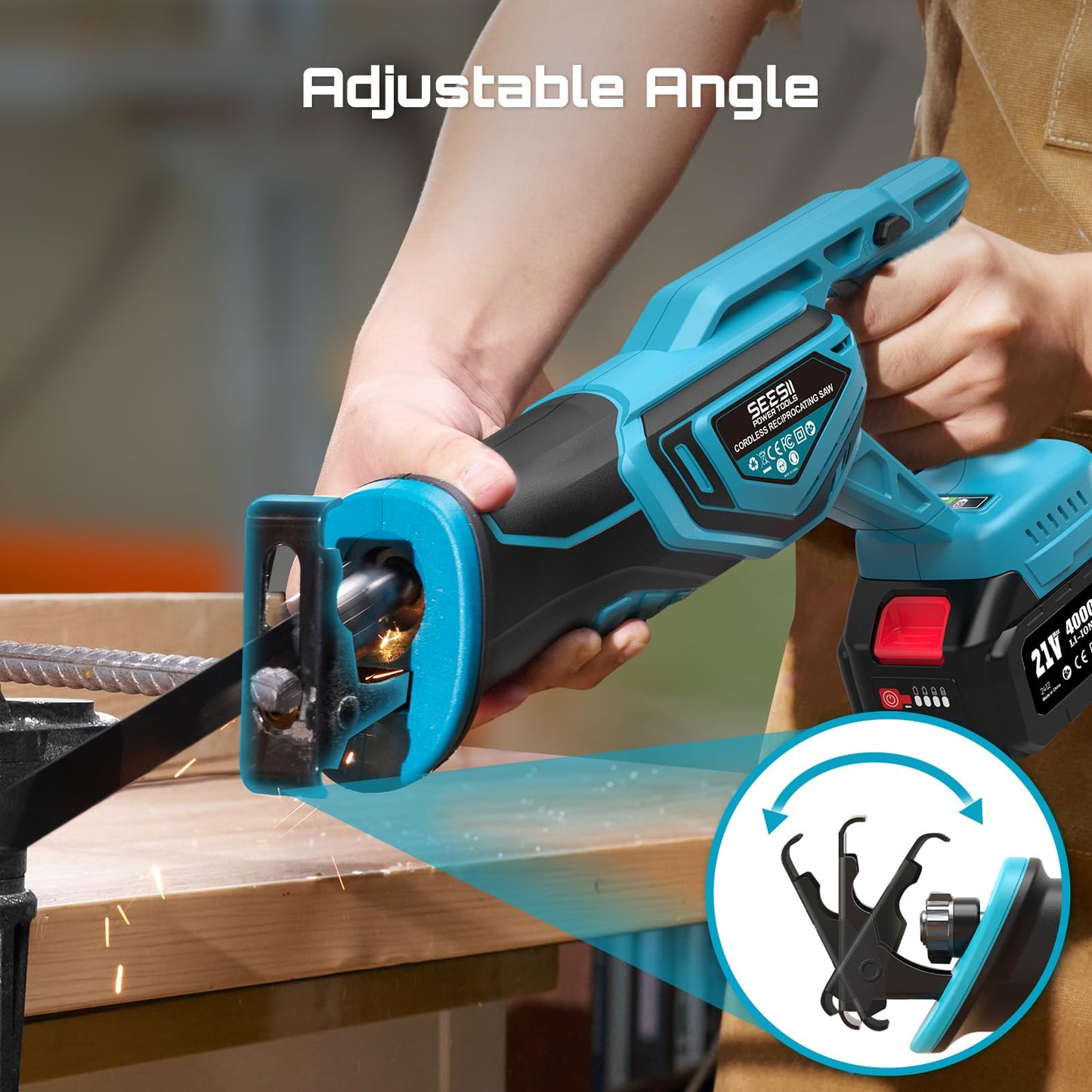Seesii Reciprocating Saw Cordless, Variable Speed 3500 RPM Brushless Motor with 8 Saw Blades, 2 x 4.0Ah Batteries, LED Light, Tool‑Free Blade Change, Portable for Wood PVC Cutting