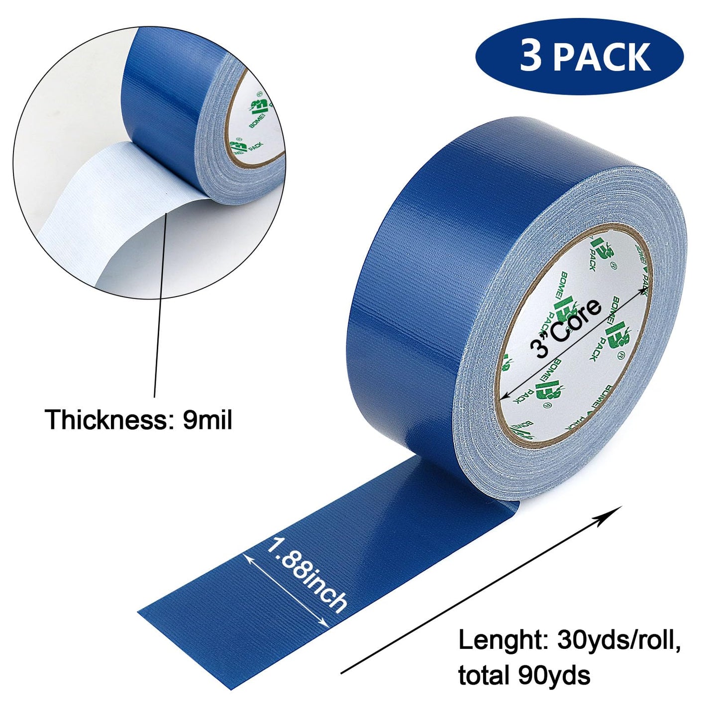 BOMEI PACK Green Duct Tape, 3Rolls Heavy Duty Strong Industrial Color Duct Tape 9mil x 1.88inch x 30yds for Packing and Repairing