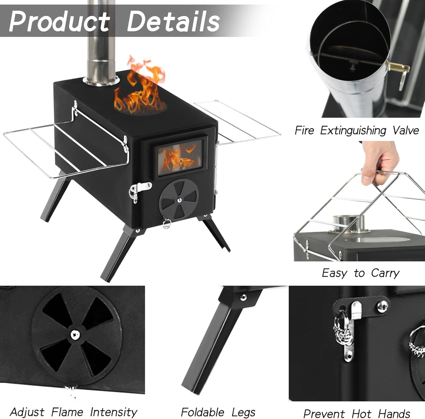 HOPUBUY Wood Stove Hot Tent Stove, Portable Camping Wood Burning Stove for Outdoor Cooking, Small Wood Stove with 7 Stainless Chimney Pipes and Tent Stove Jack