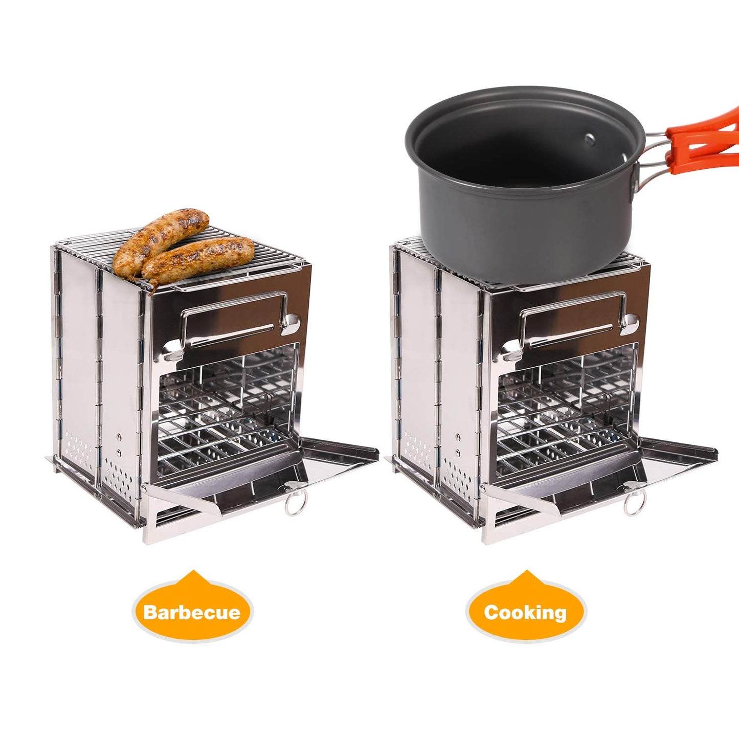 Portable Folding Camping Wood Stove for Outdoor Cooking, Lightweight Stainless Steel Wood Burning Camp Stove with Grill for Backpacking BBQ Picnic, Small