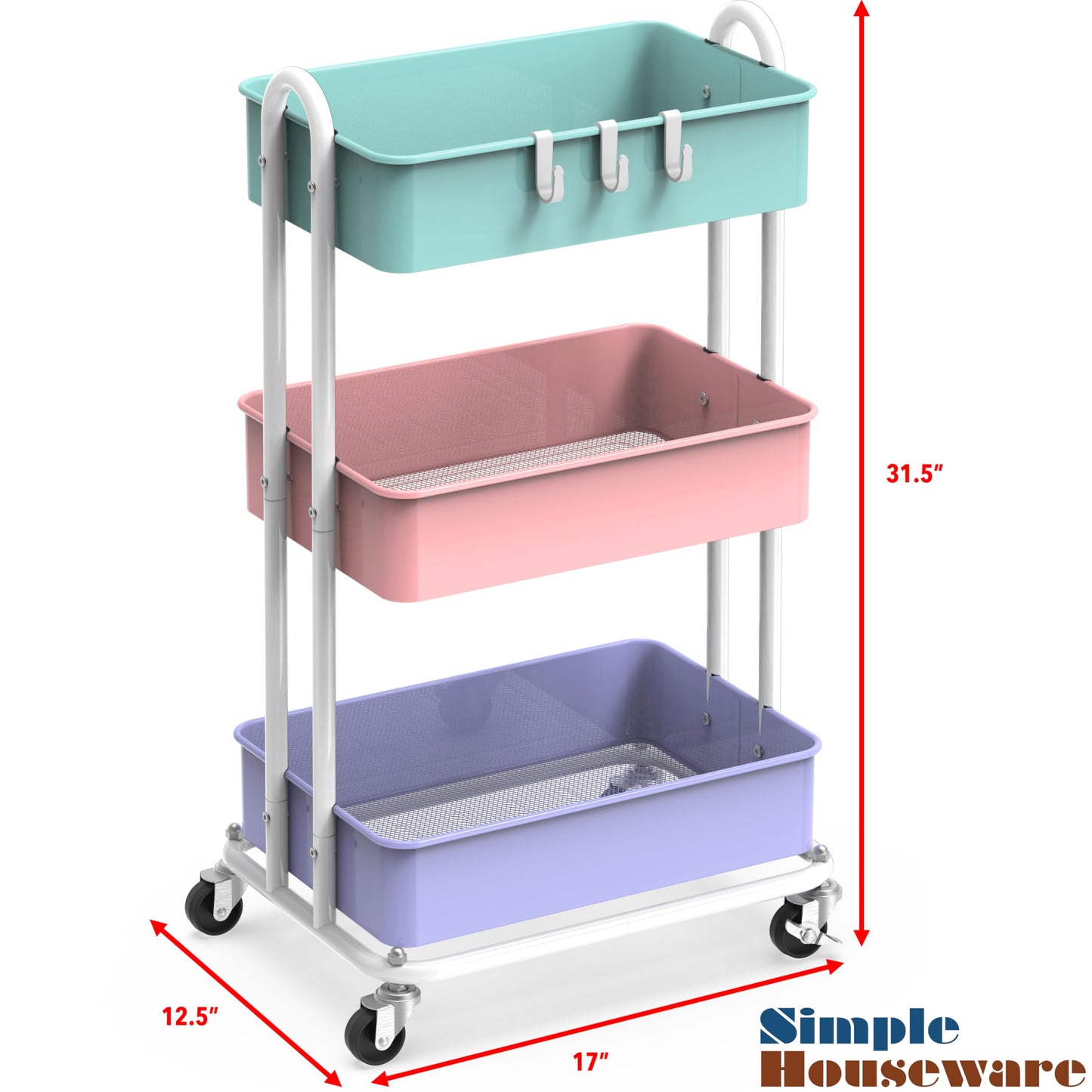 Simple Houseware 3-Tier Heavy Duty Metal Utility Rolling Cart, White