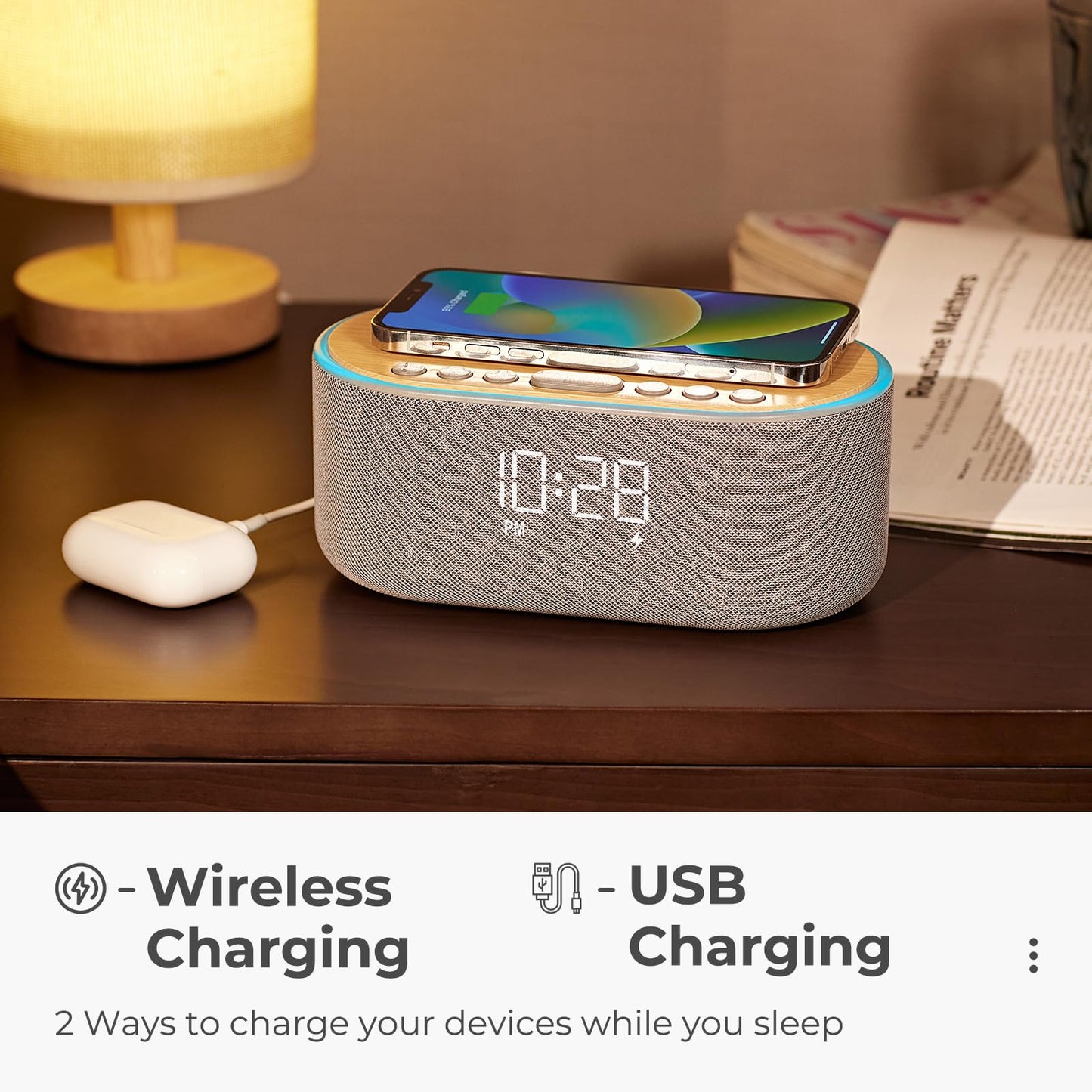 uscce Alarm Clock Bluetooth FM Radio: 10W Stereo Sound Speaker - Fast Wireless Charging for iPhone Samsung - Dimmable Clock Radio for Bedroom