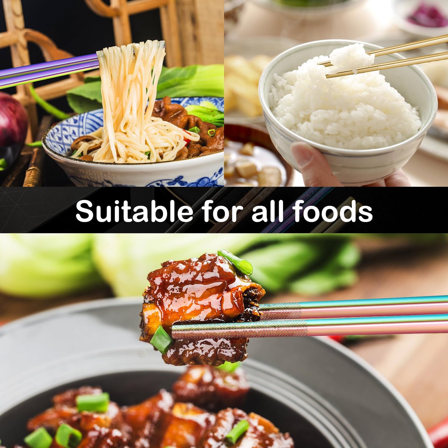 8 Pairs Metal Chopsticks Reusable Black Stainless Steel Chopsticks Set Laser Engraved Non-slip Japanese Korean Chinese Chopstick for Cooking Eating Dishwasher Safe 9.25" Chop Sticks Gift Set