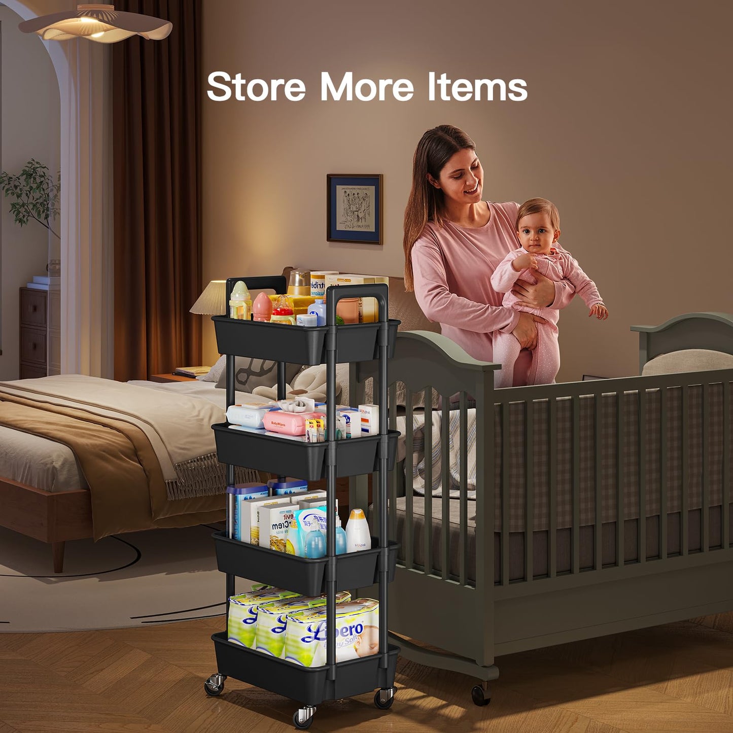 Pipishell 3 Tier Rolling Cart Organizer, Plastic Rolling Cart with Lockable Wheels & Reinforced Handle, Lightweight Utility Cart Storage Cart for Nursery, Kitchen, Bathroom, Craft Room, White, PIUC14W