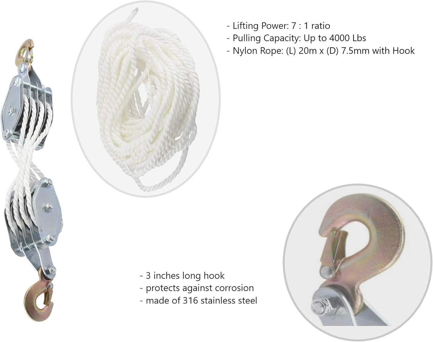 Block and Tackle Pulley System for Lifting Objects - SoB 4000LB Breaking Strength with 65 Feet of 3/8" Rope - 7:1 Lifting Power - Heavy Duty Rope Hoist Pulley System for Garage Warehouse Construction