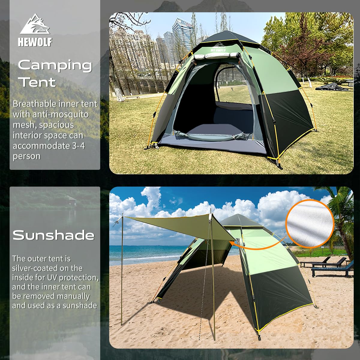 Hewolf 2/3/4 Person Camping Tent - Instant Pop Up Waterproof 2 Doors Tent with Easy Setup | 3-Season Hexagonal Dome Design for Family, Hiking & Traveling