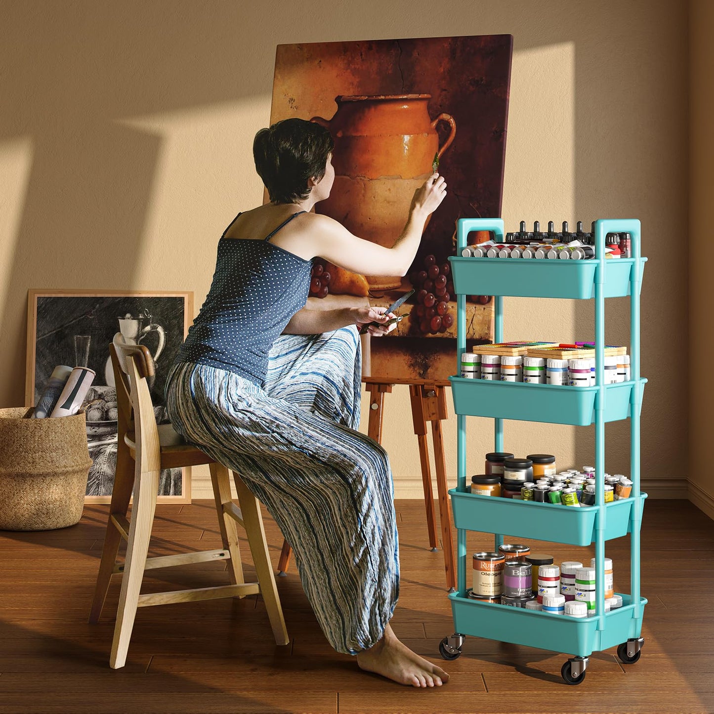 Pipishell 3 Tier Rolling Cart Organizer, Plastic Rolling Cart with Lockable Wheels & Reinforced Handle, Lightweight Utility Cart Storage Cart for Nursery, Kitchen, Bathroom, Craft Room, White, PIUC14W