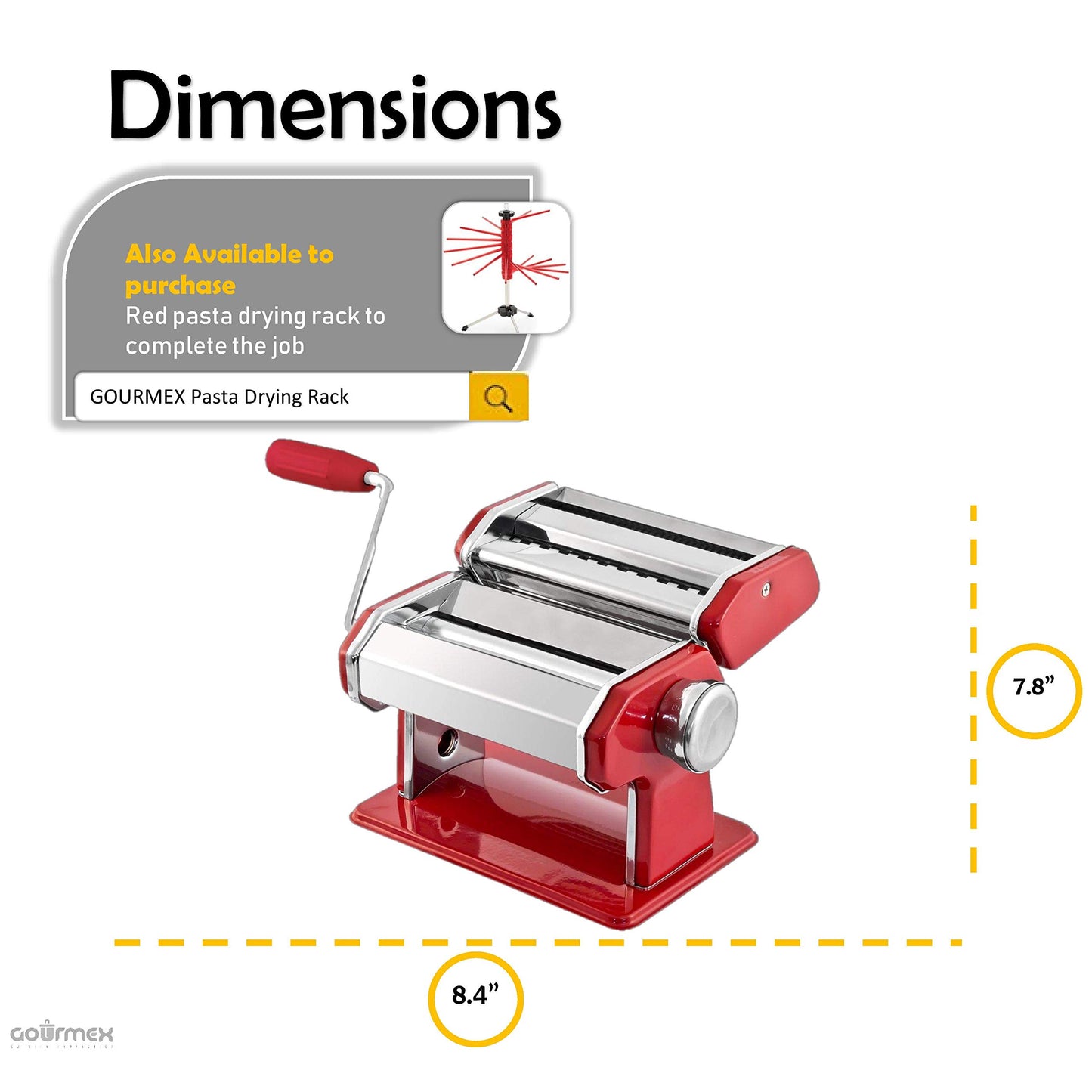GOURMEX Stainless Steel Manual Pasta Maker Machine | With Adjustable Thickness Settings | Perfect for Professional Homemade Spaghetti and Fettuccini | Includes Removable Handle and Clamp (Red)