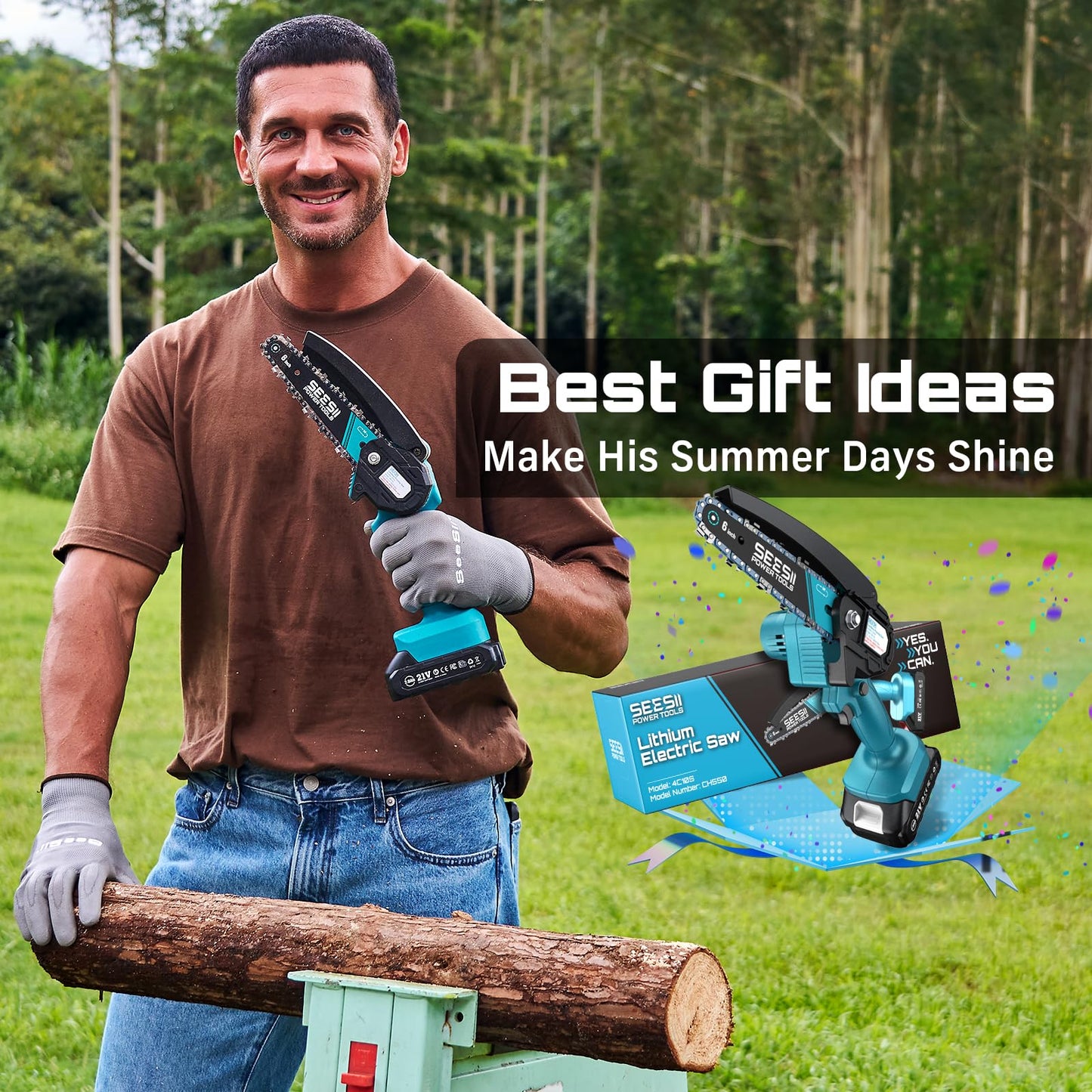 Seesii Mini Chainsaw, 6-inch Mini Chainsaw Cordless, Handheld Electric Power Chain Saw with 2 Batteries, for Tree Trimming Wood Cutting, Best Gifts for Father, Dad, Husband, Men