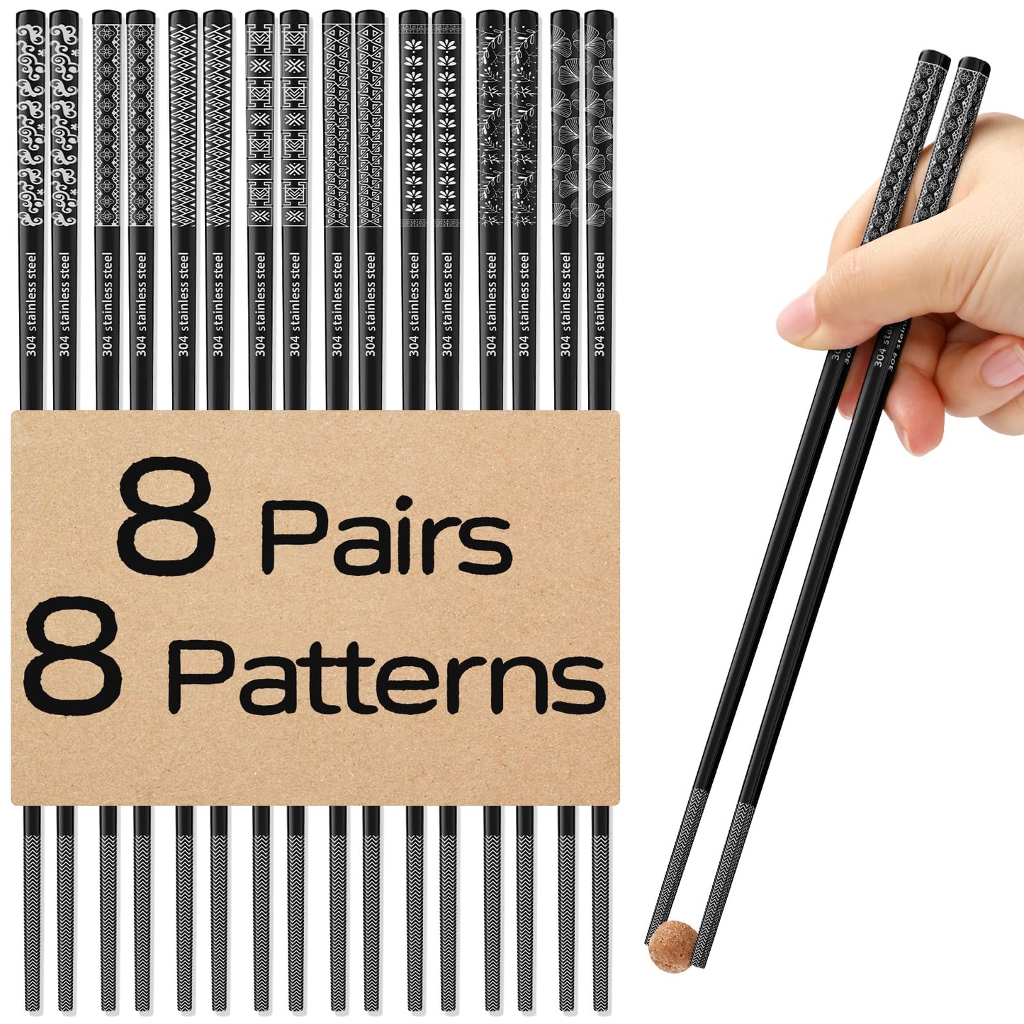 8 Pairs Metal Chopsticks Reusable Black Stainless Steel Chopsticks Set Laser Engraved Non-slip Japanese Korean Chinese Chopstick for Cooking Eating Dishwasher Safe 9.25" Chop Sticks Gift Set