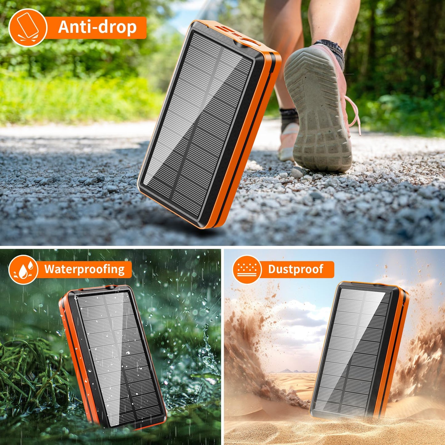 Portable Charger Solar Power Bank 52800mAh 5V/3A Fast Charging Battery Pack with Built in 4 Cables 2 Outputs & LED Flashlight for Cell Phone Camping and Hiking