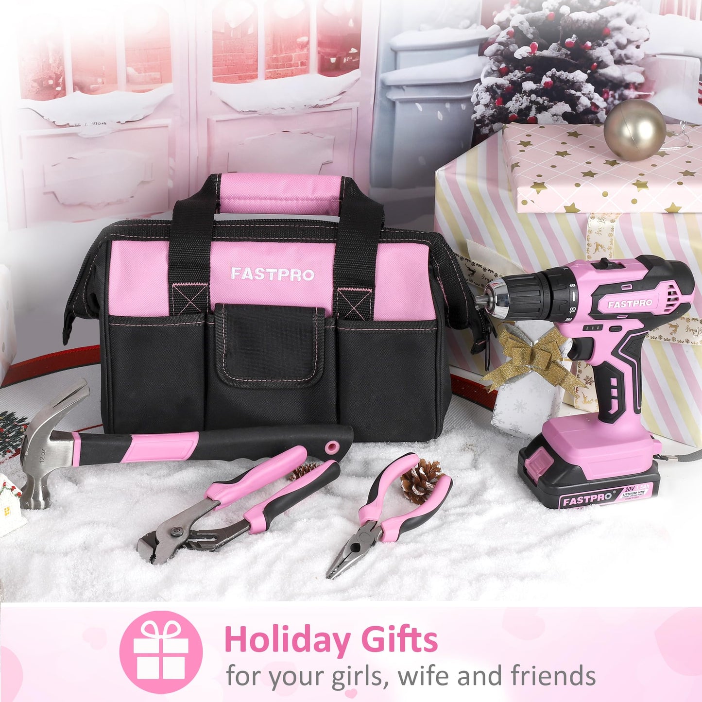 FASTPRO 232-Piece 20V Cordless Lithium-Ion Drill Driver & Home Tool Set, Household Repairing Tool Kit with Drill, 12-Inch Wide Mouth Storage Tool Bag, Green