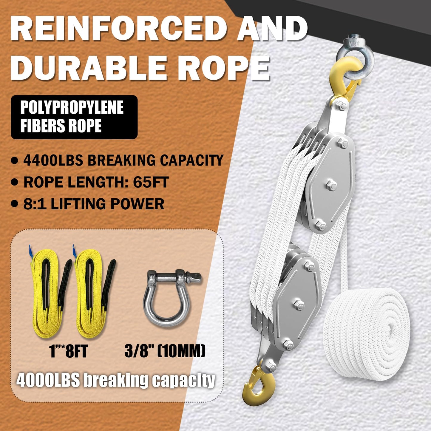Rope Hoist Pulley System, 4400LB Pulley Block and Tackle, 8:1 Ratio Lifting Power 65ft, Heavy Duty Pulley Block for Lifting Pulling (with 2PCs Straps)