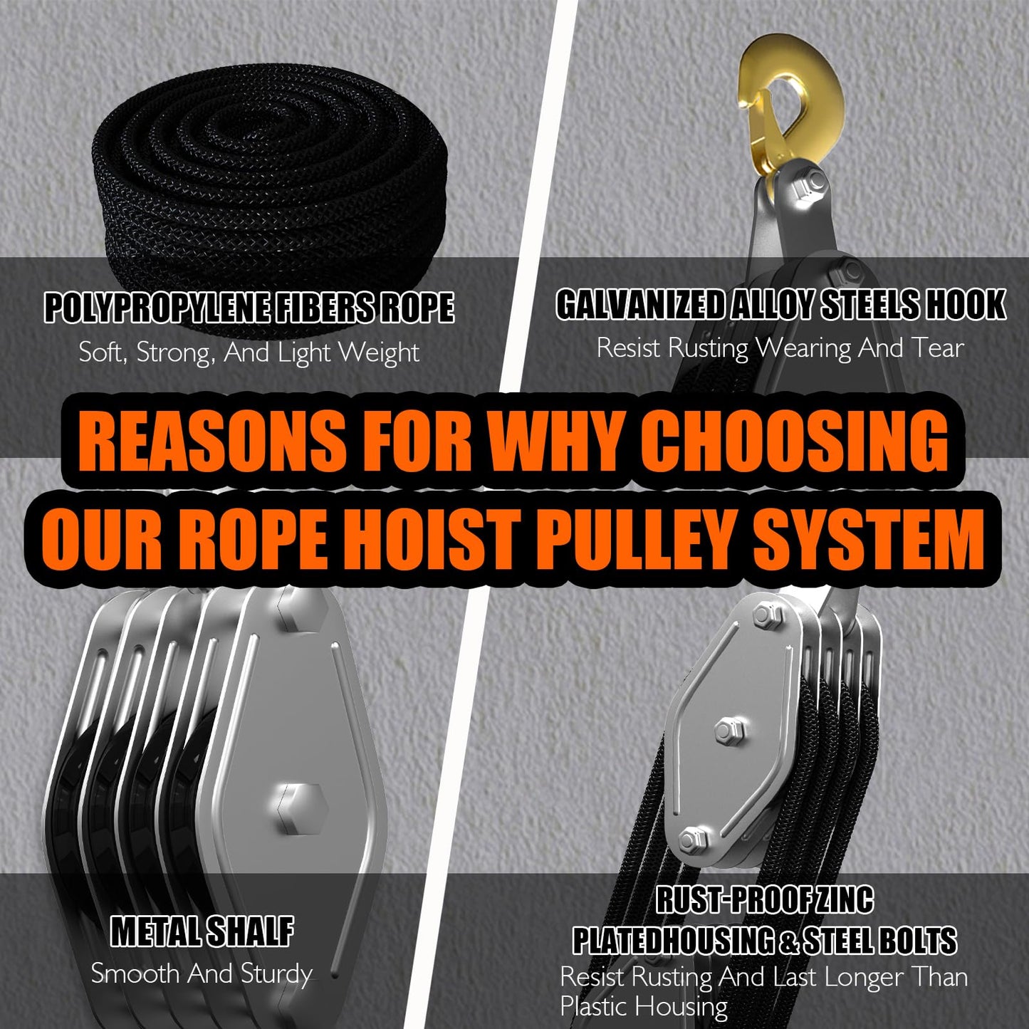 Rope Hoist Pulley System, 4400LB Pulley Block and Tackle, 8:1 Ratio Lifting Power 65ft, Heavy Duty Pulley Block for Lifting Pulling (with 2PCs Straps)