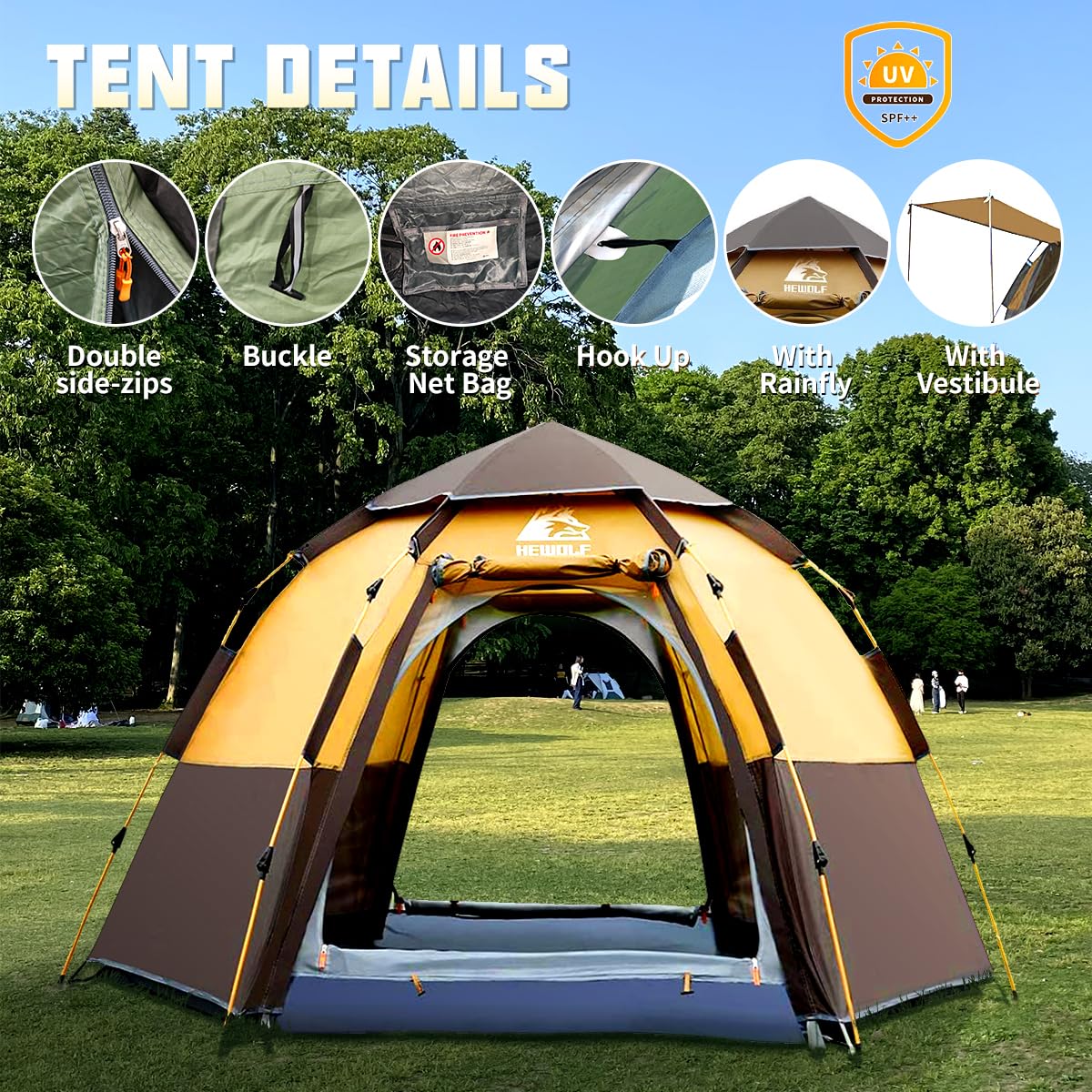 Hewolf 2/3/4 Person Camping Tent - Instant Pop Up Waterproof 2 Doors Tent with Easy Setup | 3-Season Hexagonal Dome Design for Family, Hiking & Traveling