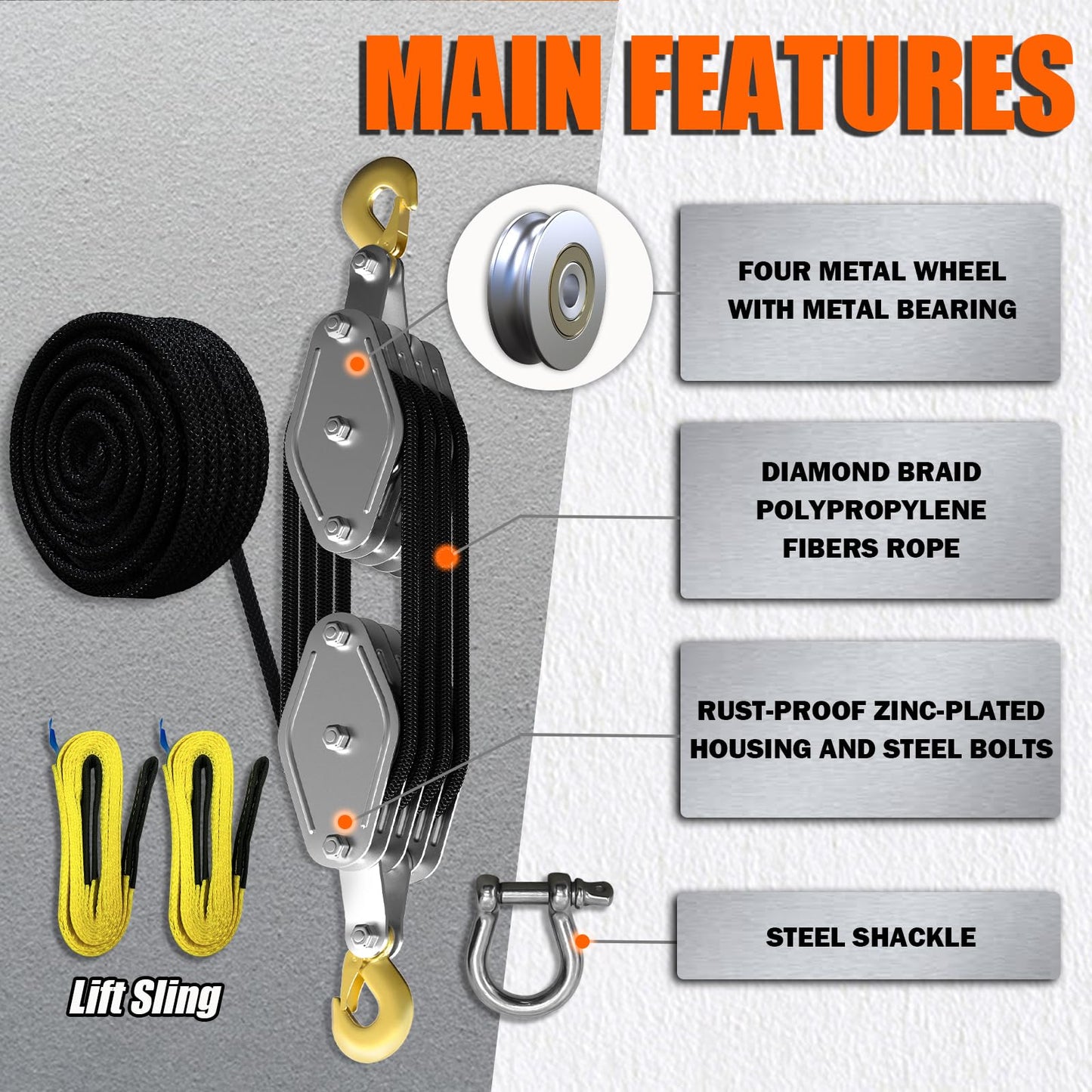 Rope Hoist Pulley System, 4400LB Pulley Block and Tackle, 8:1 Ratio Lifting Power 65ft, Heavy Duty Pulley Block for Lifting Pulling (with 2PCs Straps)