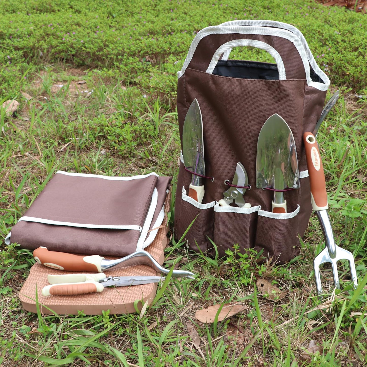 Brown Gardening Tools Set 12-Piece, Heavy Duty Garden Hand Tool Kit with Non-Slip Ergonomic Handle, Storage Tote Bag, Garden Apron, Gloves and Kneeling Pad, Gardening Gifts for Women Men Plant Lover