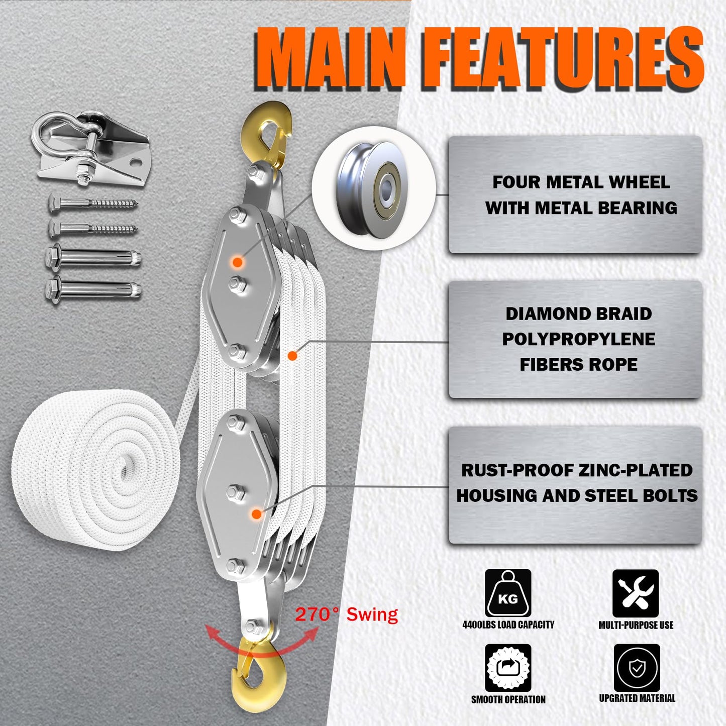 Rope Hoist Pulley System, 4400LB Pulley Block and Tackle, 8:1 Ratio Lifting Power 65ft, Heavy Duty Pulley Block for Lifting Pulling (with 2PCs Straps)