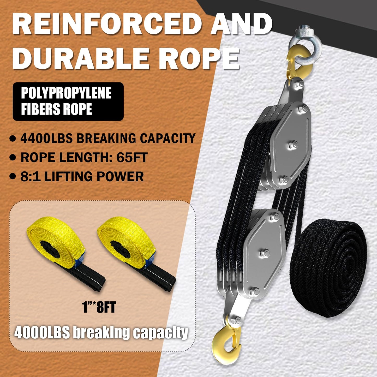 Rope Hoist Pulley System, 4400LB Pulley Block and Tackle, 8:1 Ratio Lifting Power 65ft, Heavy Duty Pulley Block for Lifting Pulling (with 2PCs Straps)
