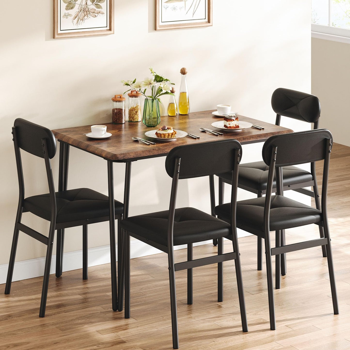 IDEALHOUSE Dining Table for 2-Small Square Kitchen Dining Dinner Room Tables Set,Space Saving Wood Modern Dinette Accent Furniture for Breakfast Nook, (Dark, Table with 2 Upholstered Chairs)