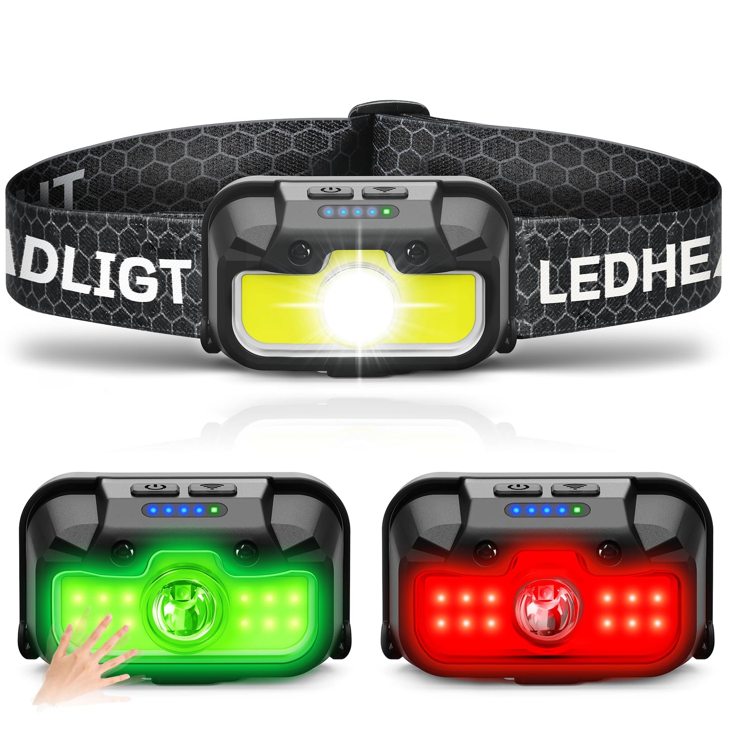Headlamp Rechargeable, 2 Pack 1300 Lumen Ultra-Light Bright Head Lamp with White Red Green, 14 Modes Adjustable Waterproof Motion Sensor Headlight for Outdoor Camping Running Cycling Hiking