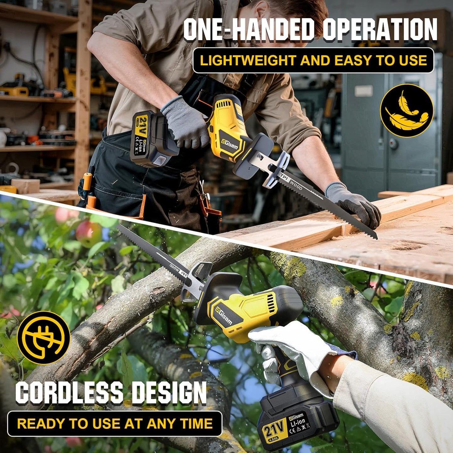 Cordless Reciprocating Saw -2x4.0Ah Batteries, Brushless Motor, 3500SPM Max, One-Hand Operation, Tool-Free Blade Change, for DIY & Home Users