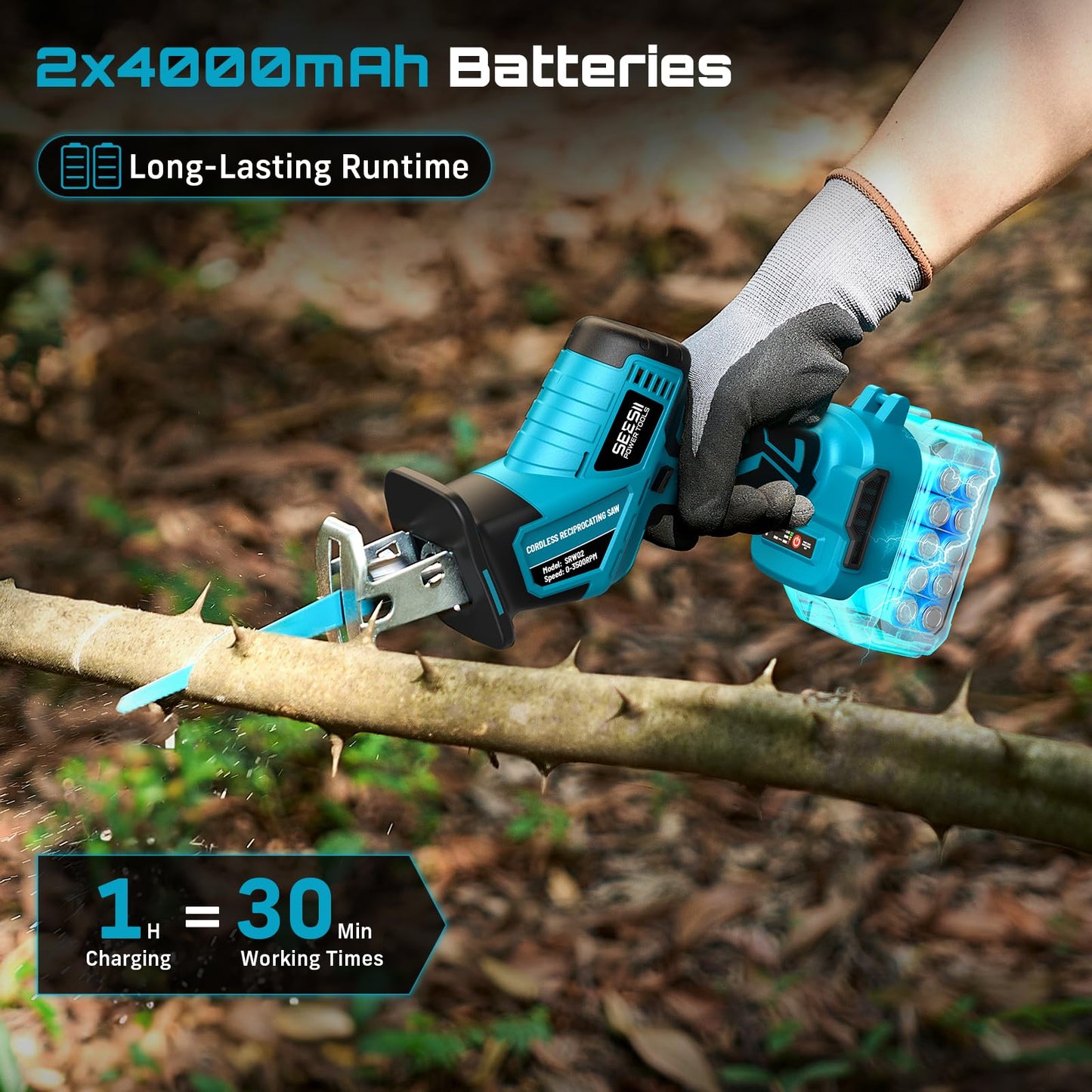 Seesii Reciprocating Saw Cordless, Variable Speed 3500 RPM Brushless Motor with 8 Saw Blades, 2 x 4.0Ah Batteries, LED Light, Tool‑Free Blade Change, Portable for Wood PVC Cutting