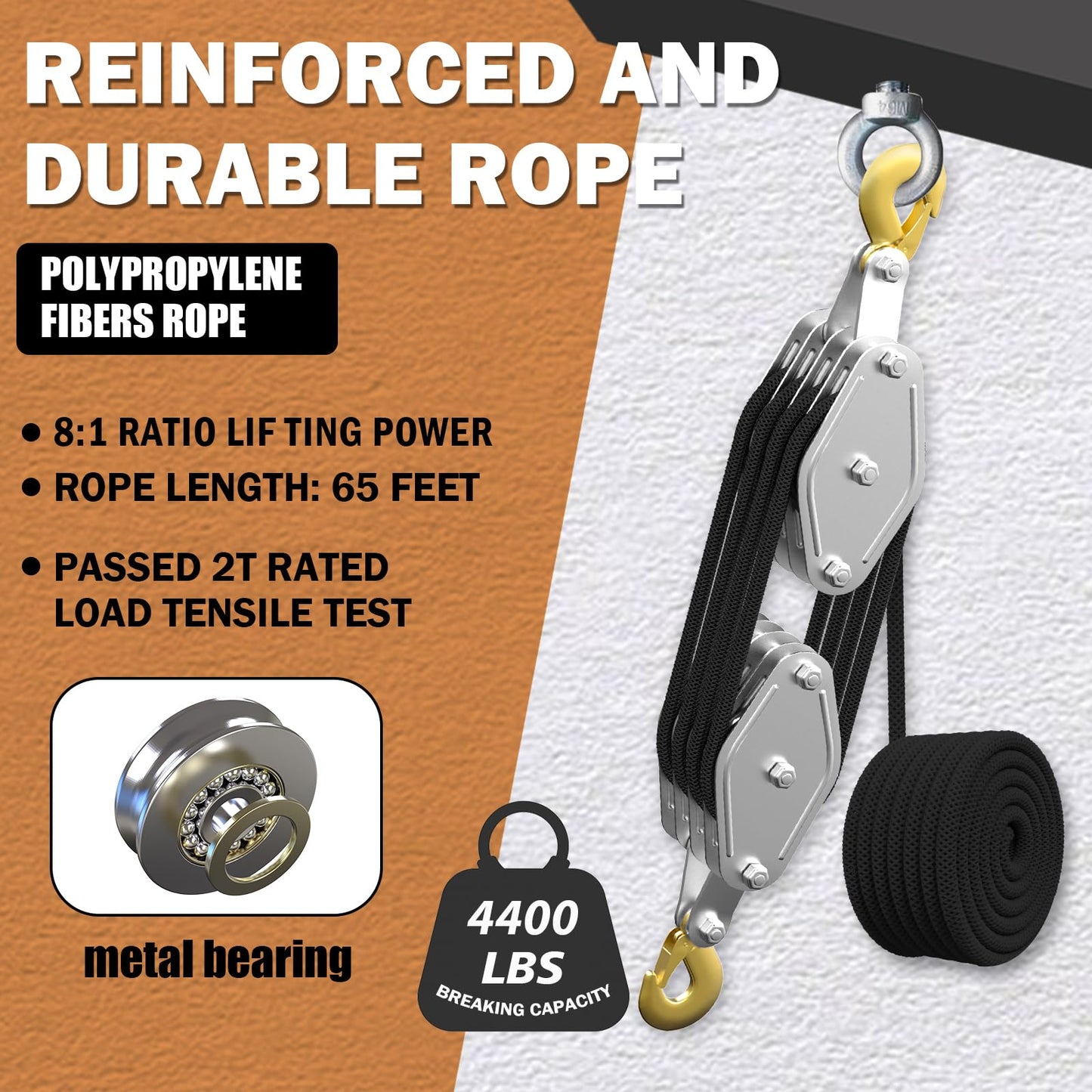 Rope Hoist Pulley System, 4400LB Pulley Block and Tackle, 8:1 Ratio Lifting Power 65ft, Heavy Duty Pulley Block for Lifting Pulling (with 2PCs Straps)