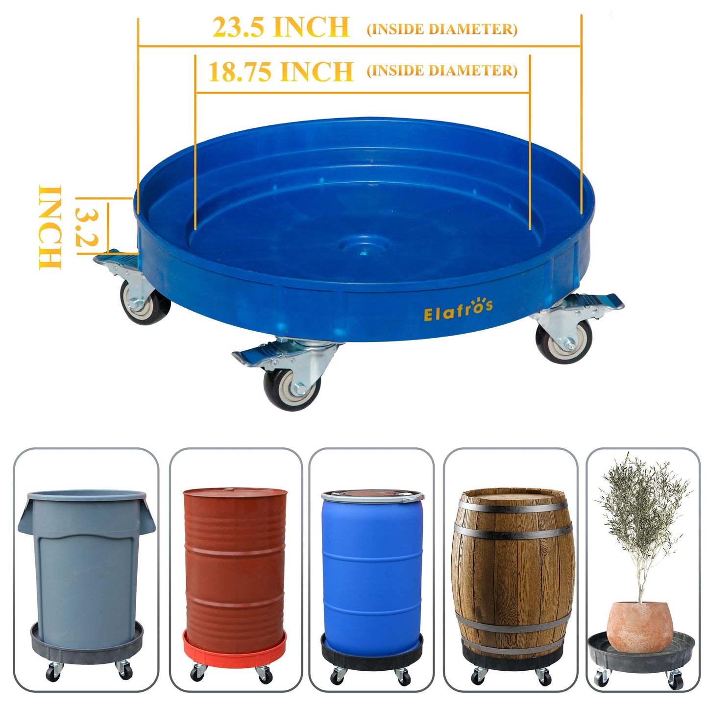 ELAFROS 30 Gallon and 55 Gallon Heavy Duty Plastic Drum Dolly – Durable Plastic Drum Cart 900 lb. Capacity- Barrel Dolly with 5 Swivel Casters Wheel,Blue