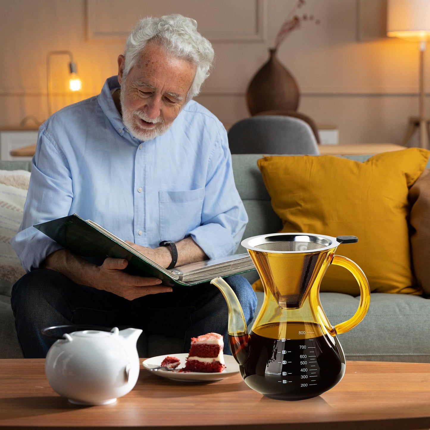 Unbreakable - Pour Over Coffee Maker with Double Stainless Filter 34 fl oz, Thickened Heat-Resistant Borosilicate Glass Pour Over Coffee Dripper, Stovetop Safe