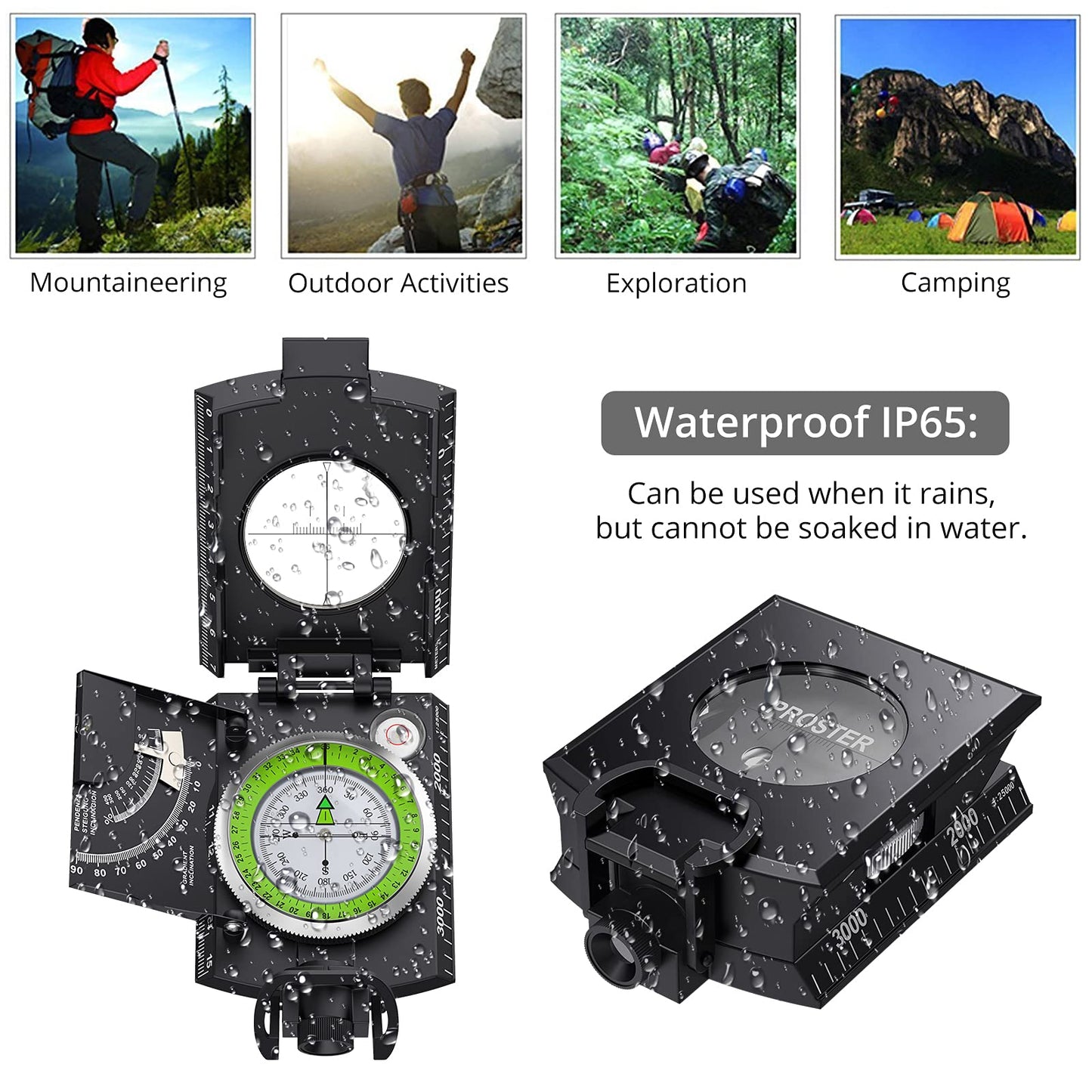 Proster IP65 Compass Hiking Survival - Lensatic Sighting Compass for Camping Navigation, Compass with Clinometer & Carry Bag for Camping Hunting Hiking Geology Activities