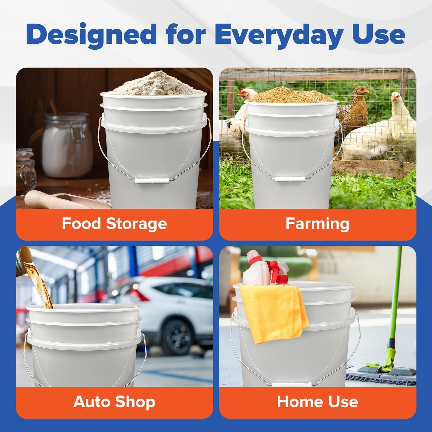 ePackageSupply 5 Gallon White Bucket with Gamma Seal Screw on Airtight Lid | Made in USA | Food Grade | Heavy-Duty | Durable 90 Mil All Purpose Pail | Easy Stack and Store | BPA Free (3 Count), White