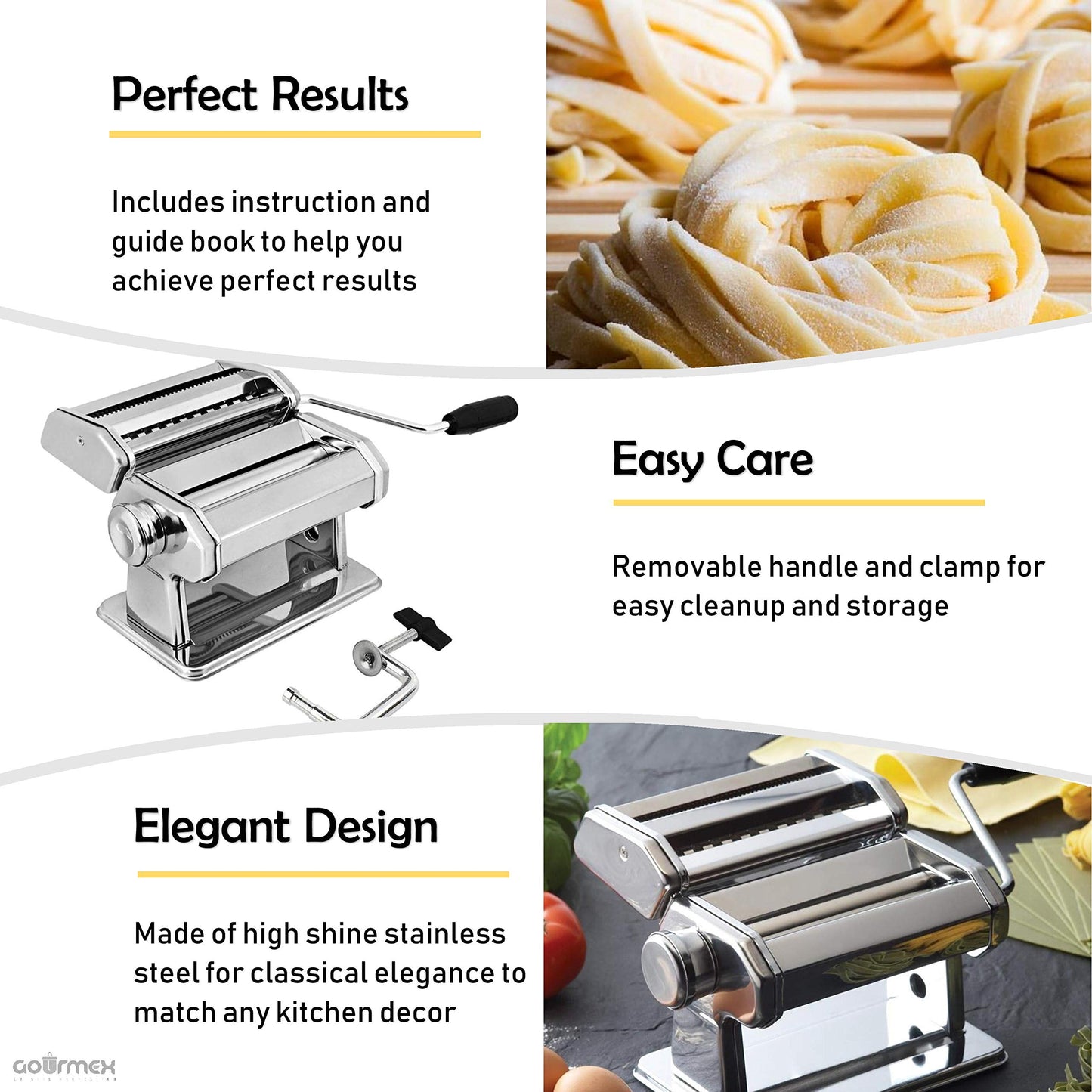 GOURMEX Stainless Steel Manual Pasta Maker Machine | With Adjustable Thickness Settings | Perfect for Professional Homemade Spaghetti and Fettuccini | Includes Removable Handle and Clamp (Red)