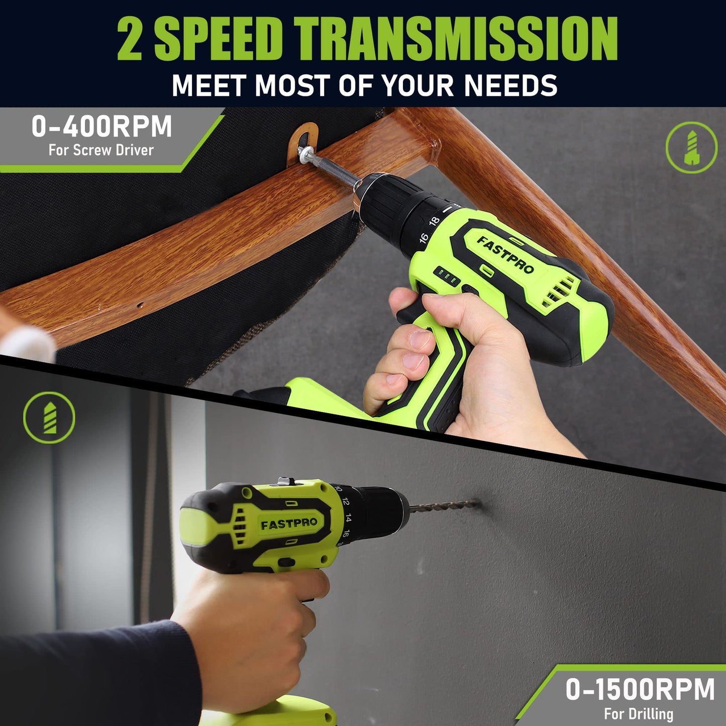 FASTPRO 232-Piece 20V Cordless Lithium-Ion Drill Driver & Home Tool Set, Household Repairing Tool Kit with Drill, 12-Inch Wide Mouth Storage Tool Bag, Green