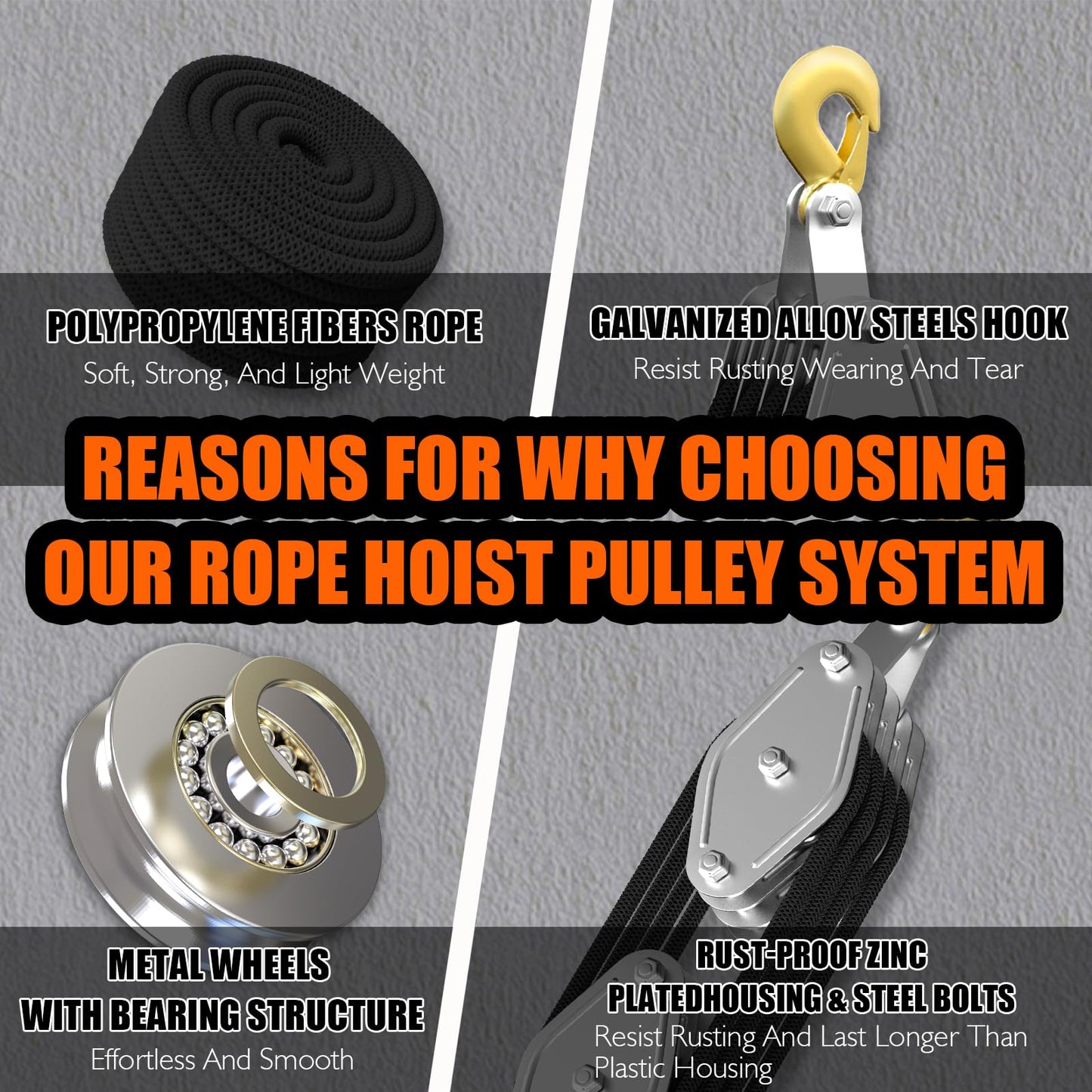 Rope Hoist Pulley System, 4400LB Pulley Block and Tackle, 8:1 Ratio Lifting Power 65ft, Heavy Duty Pulley Block for Lifting Pulling (with 2PCs Straps)