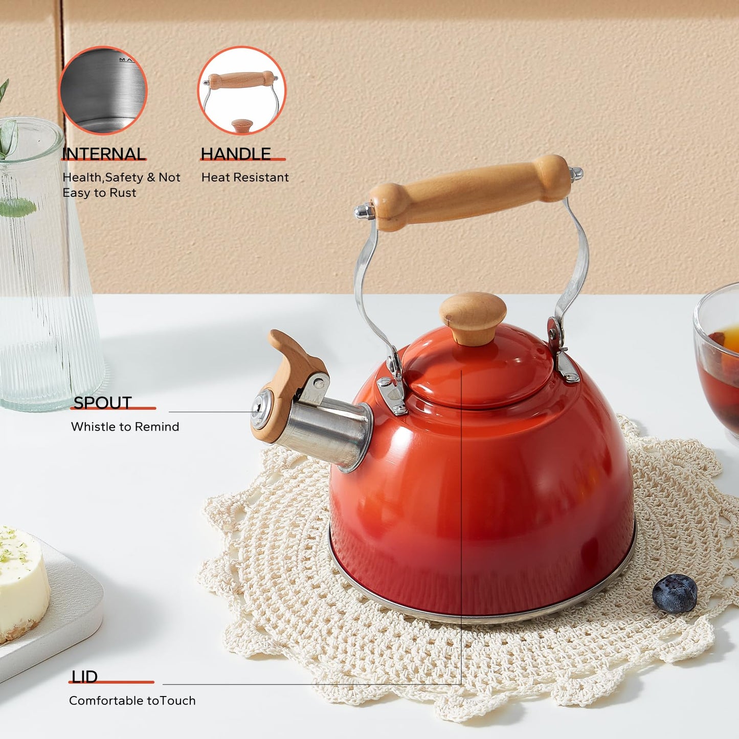 ROCKURWOK Tea Kettle, Tea Pot with Cool Touch Ergonomic Handle, Teapot Food Grade Stainless Steel, Tea Kettle Stovetop, Kettle Teapot, Whistling Tea Kettle, Small Tea Kettle, 1.6 Quart (Green)