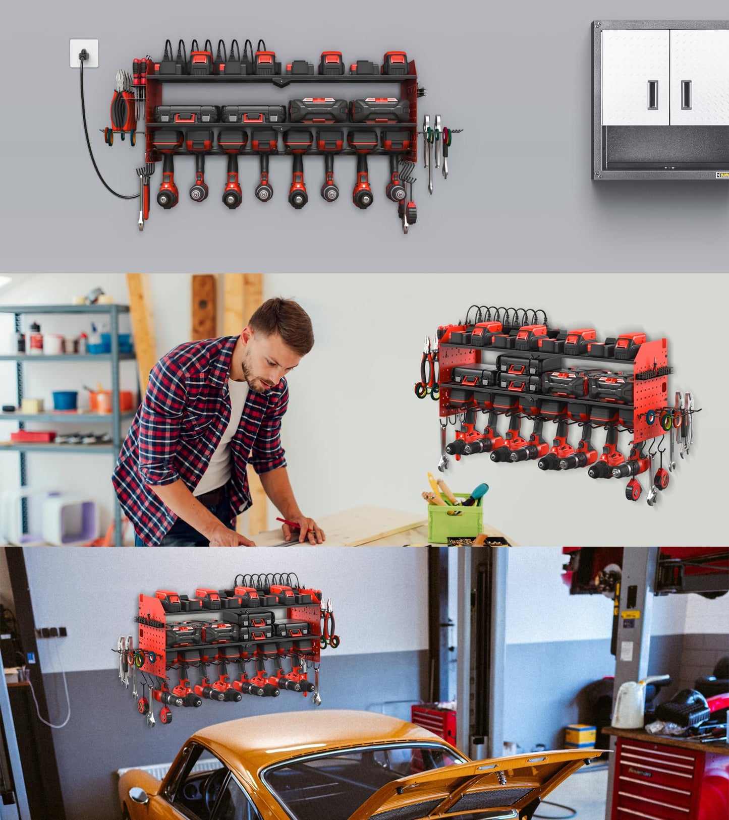 JUNNUJ Large Pegboard Power Tool Organizer with Charging Station, 8 Drills Driver and Tools Battery Holder Wall Mount with 8 Outlet Power Strip, Black 3-Layer Shop Garage Storage Utility Rack
