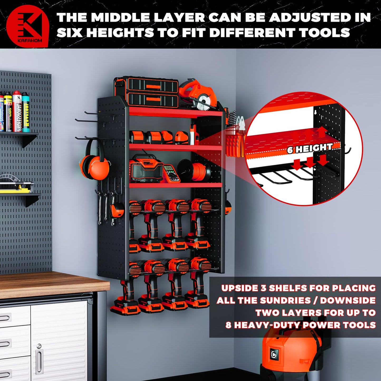 KAFAHOM Power Tool Organizer with Charging Station.Garage 8 Drill Holder Built in 8 Outlets Power Strip,Tool Storage Shelf Wall Mount,Tool Battery Organizer with Screwdriver/Hammer/Air Tool Rack
