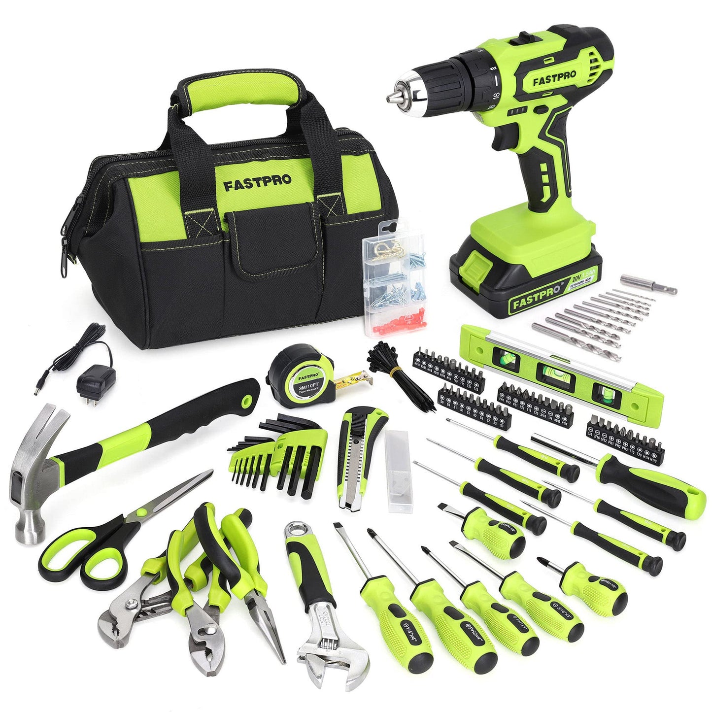 FASTPRO 232-Piece 20V Cordless Lithium-Ion Drill Driver & Home Tool Set, Household Repairing Tool Kit with Drill, 12-Inch Wide Mouth Storage Tool Bag, Green