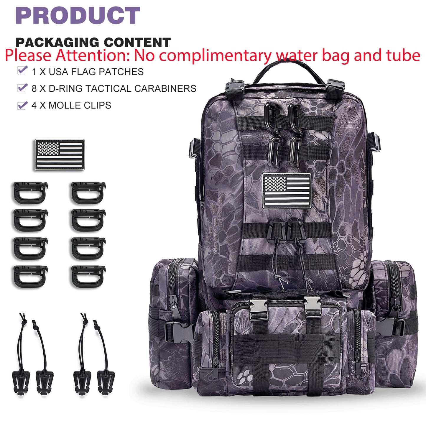 Large Military Tactical Backpack for Men, 40-50L Backpacks for Women, Bug out Bag Army 3 Days Assault Pack Bags Rucksack with Molle System Black Camouflage-2