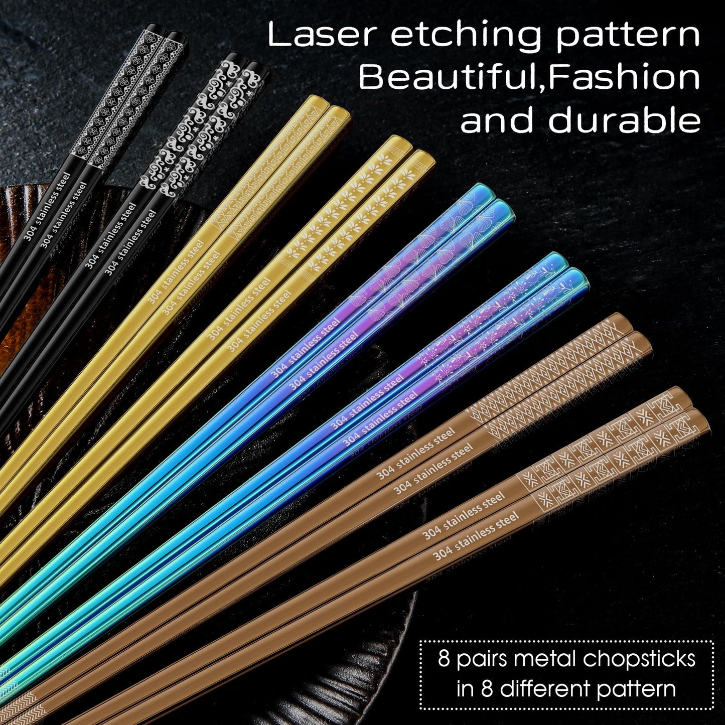 8 Pairs Metal Chopsticks Reusable Black Stainless Steel Chopsticks Set Laser Engraved Non-slip Japanese Korean Chinese Chopstick for Cooking Eating Dishwasher Safe 9.25" Chop Sticks Gift Set